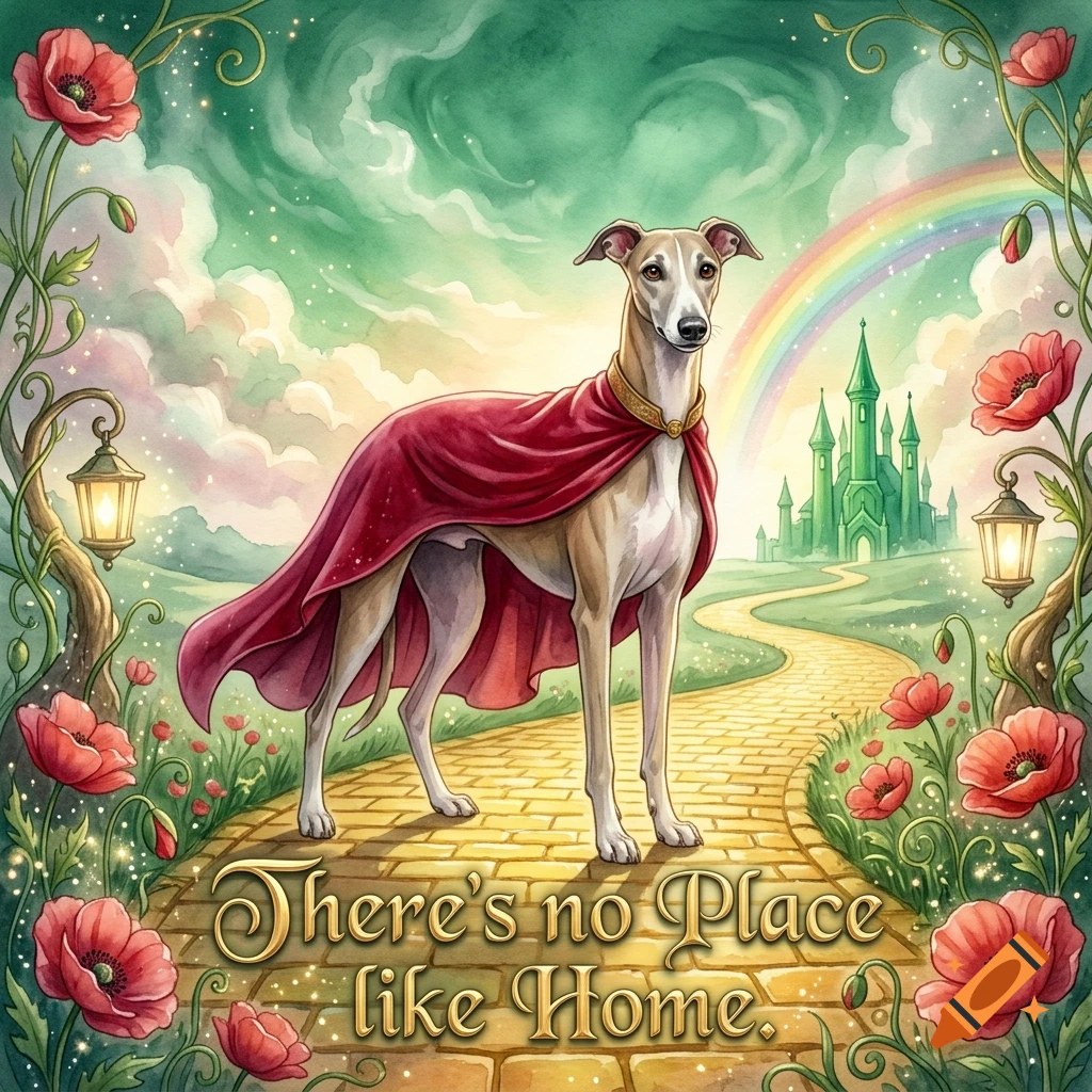 Watercolor illustration of a greyhound wearing a red cape on a yellow brick road with a castle, rainbow, and poppies.
