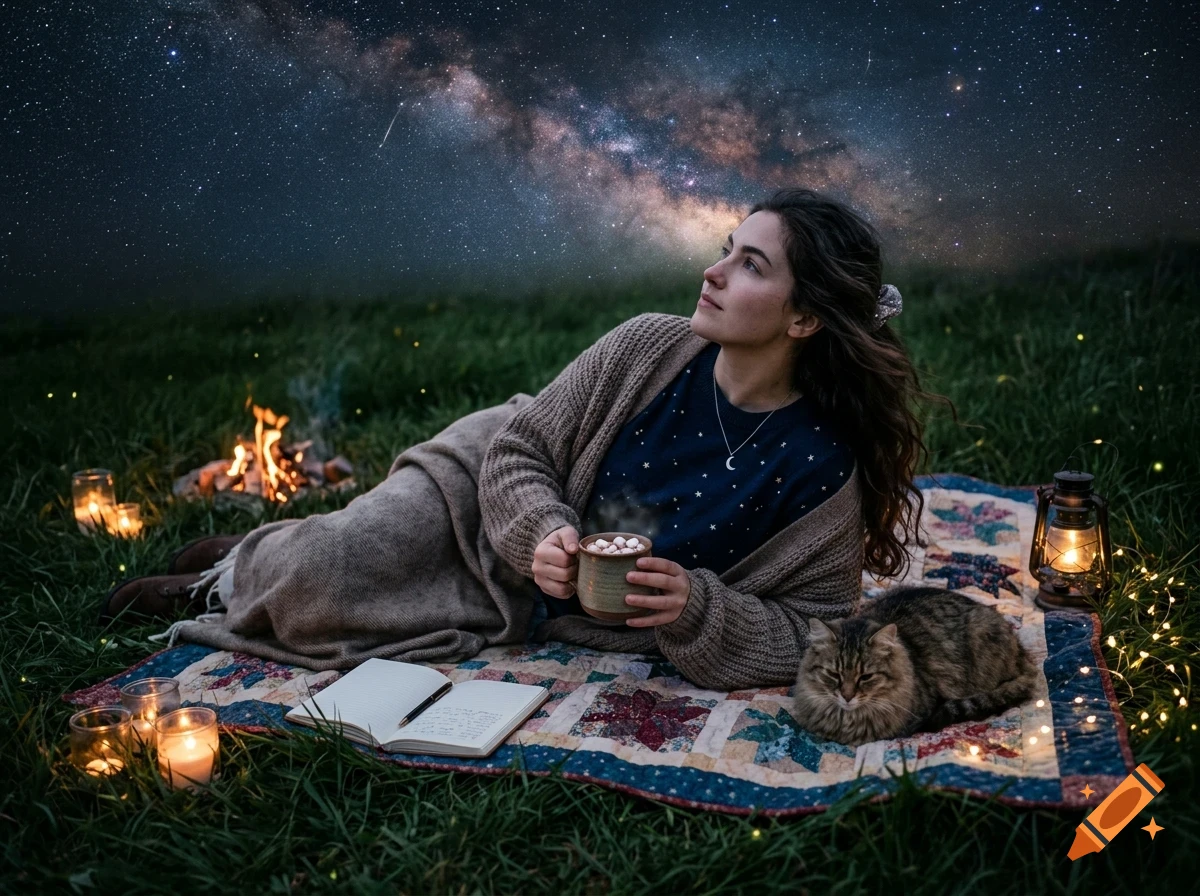 A woman lies on a quilt in a grassy field at night, holding a mug and looking up at the starry Milky Way sky, with a cat, campfire, open book, and glowing candles nearby.
