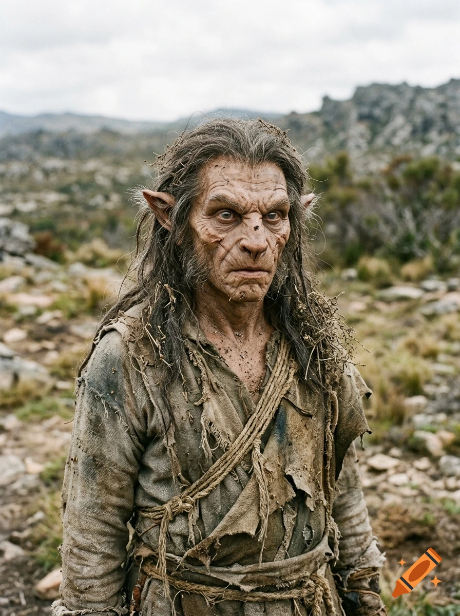 Photorealistic portrait of a weathered, goblin-like humanoid with matted hair and tattered clothing standing in a rocky, barren landscape.