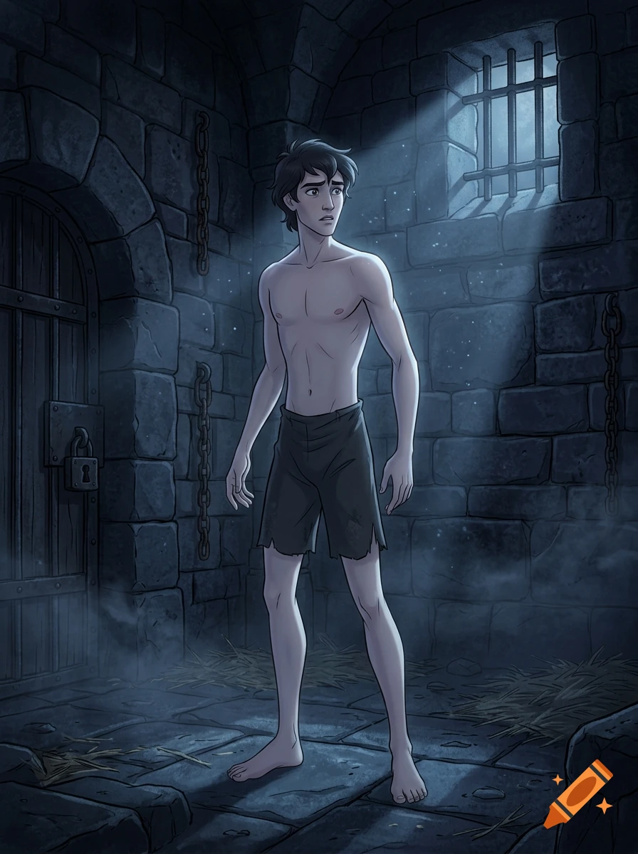 Disney style digital drawing of a young, shirtless male prince in a dark stone dungeon cell with a barred window.