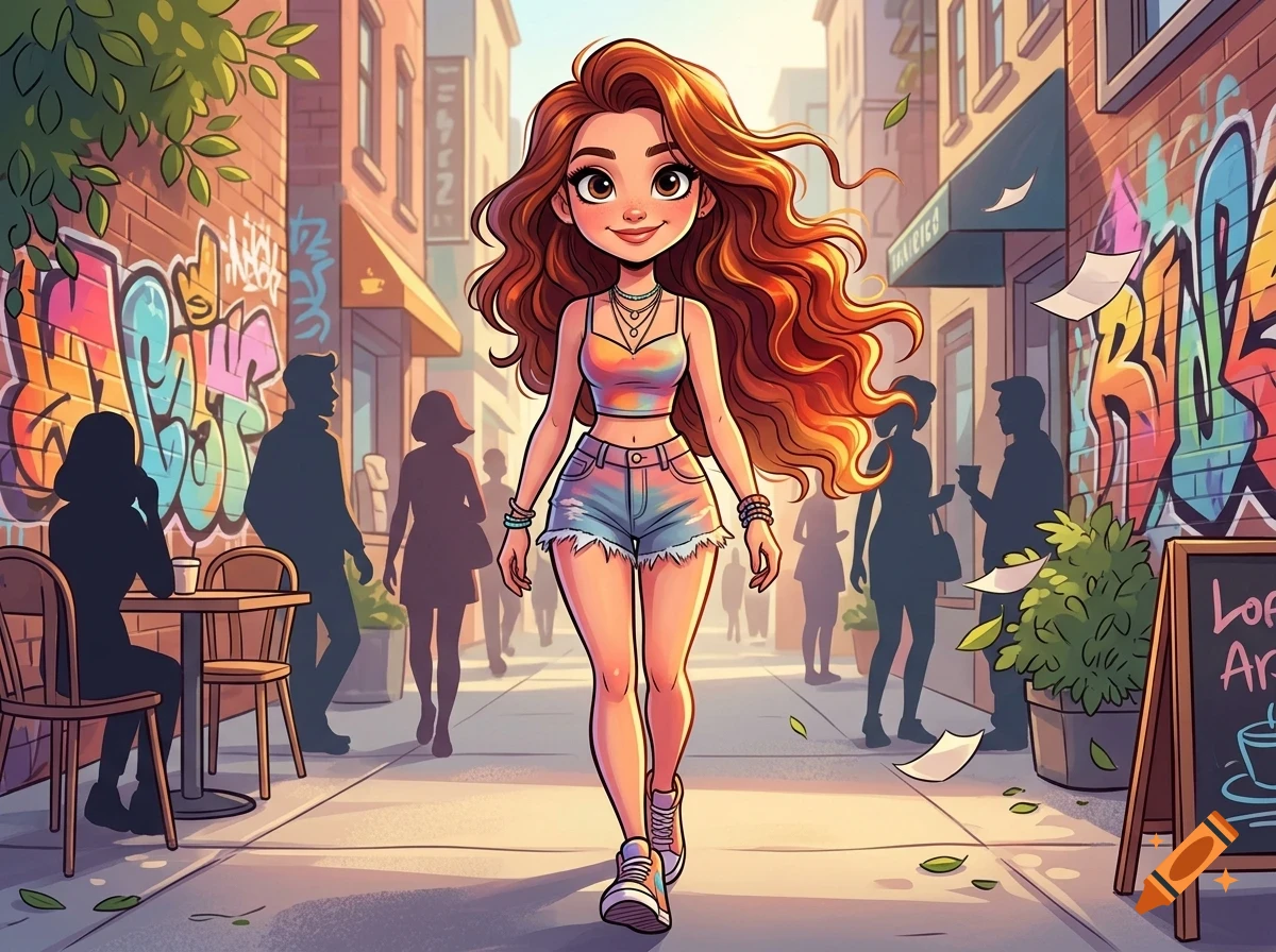 An illustration of a young woman with long, wavy reddish-brown hair walking down a city street lined with brick walls, graffiti, and shops.