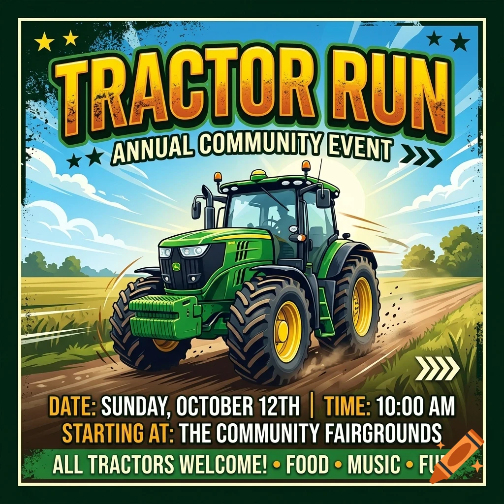 A poster for a Tractor Run annual community event featuring a green tractor on a dirt road under a sunny sky.