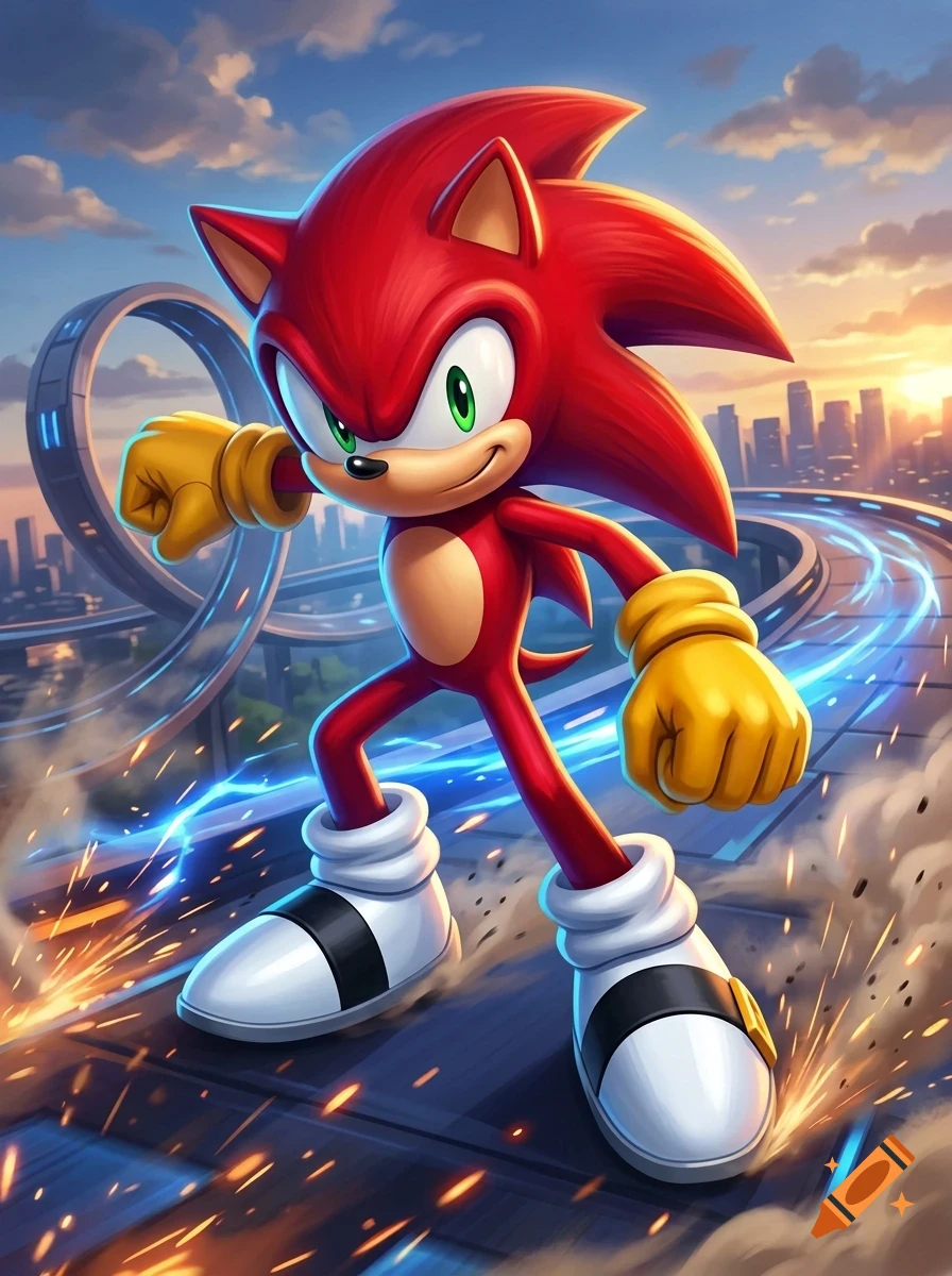 An anthropomorphic red hedgehog character with green eyes, yellow gloves, and white shoes stands on a futuristic highway during sunset.