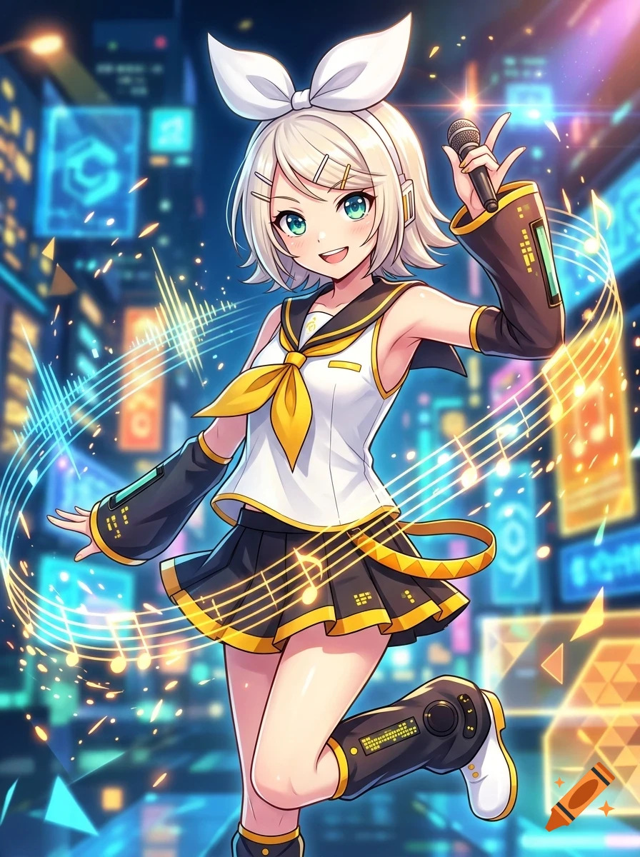 An anime-style character with short blonde hair and a large white bow holding a microphone, performing against a blurred city street background with glowing lights and musical notes.