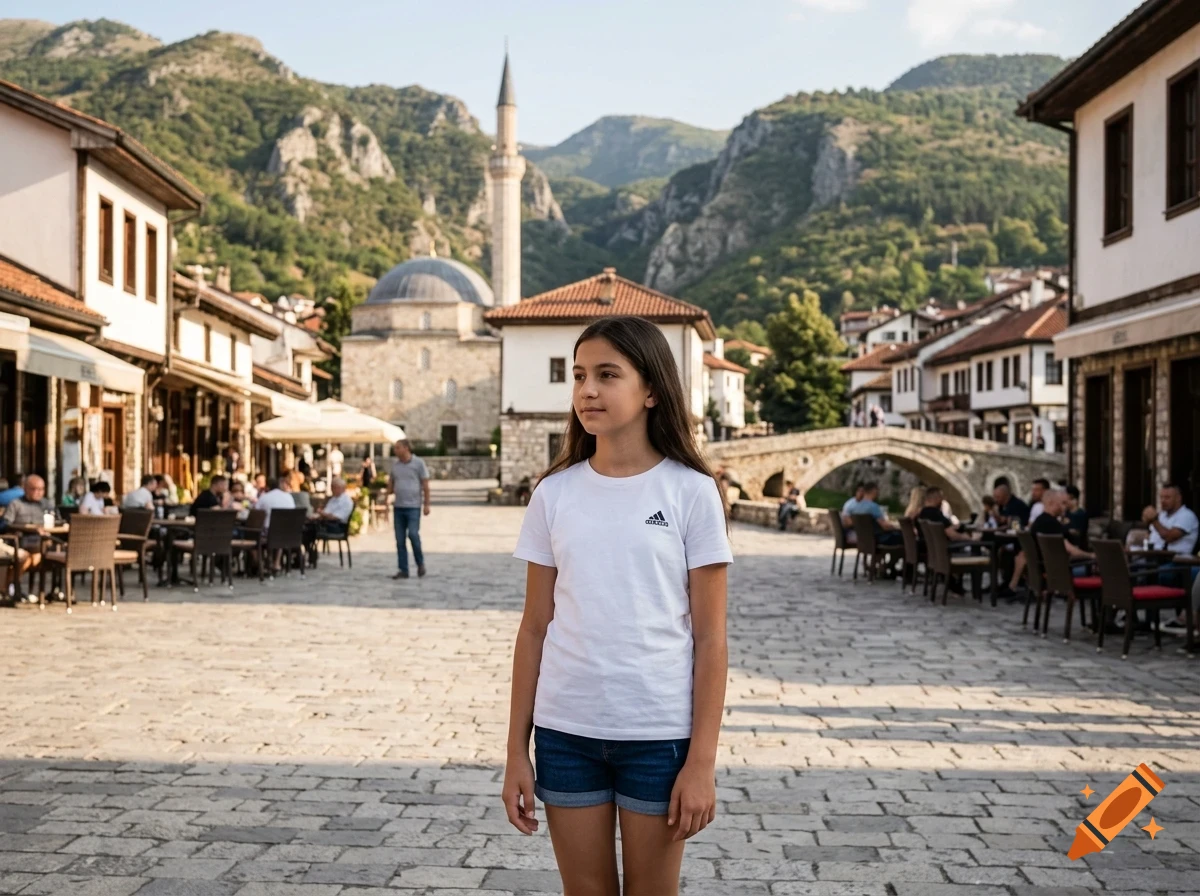 A young girl standing in a cobblestone square in a historic town with traditional white buildings, outdoor cafes, and mountains in the background.