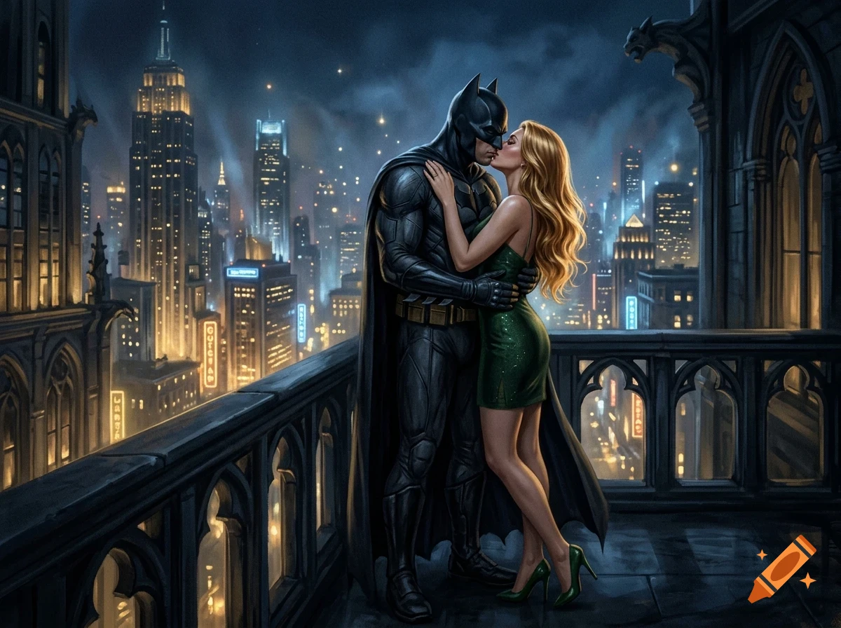 Batman and a woman in a green dress kissing on a gothic balcony overlooking a city skyline at night.