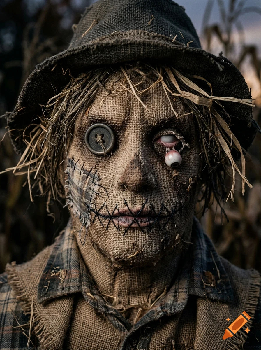 Close-up portrait of a scarecrow with burlap skin, a button eye, a dangling eyeball, stitched mouth, and a tattered hat.