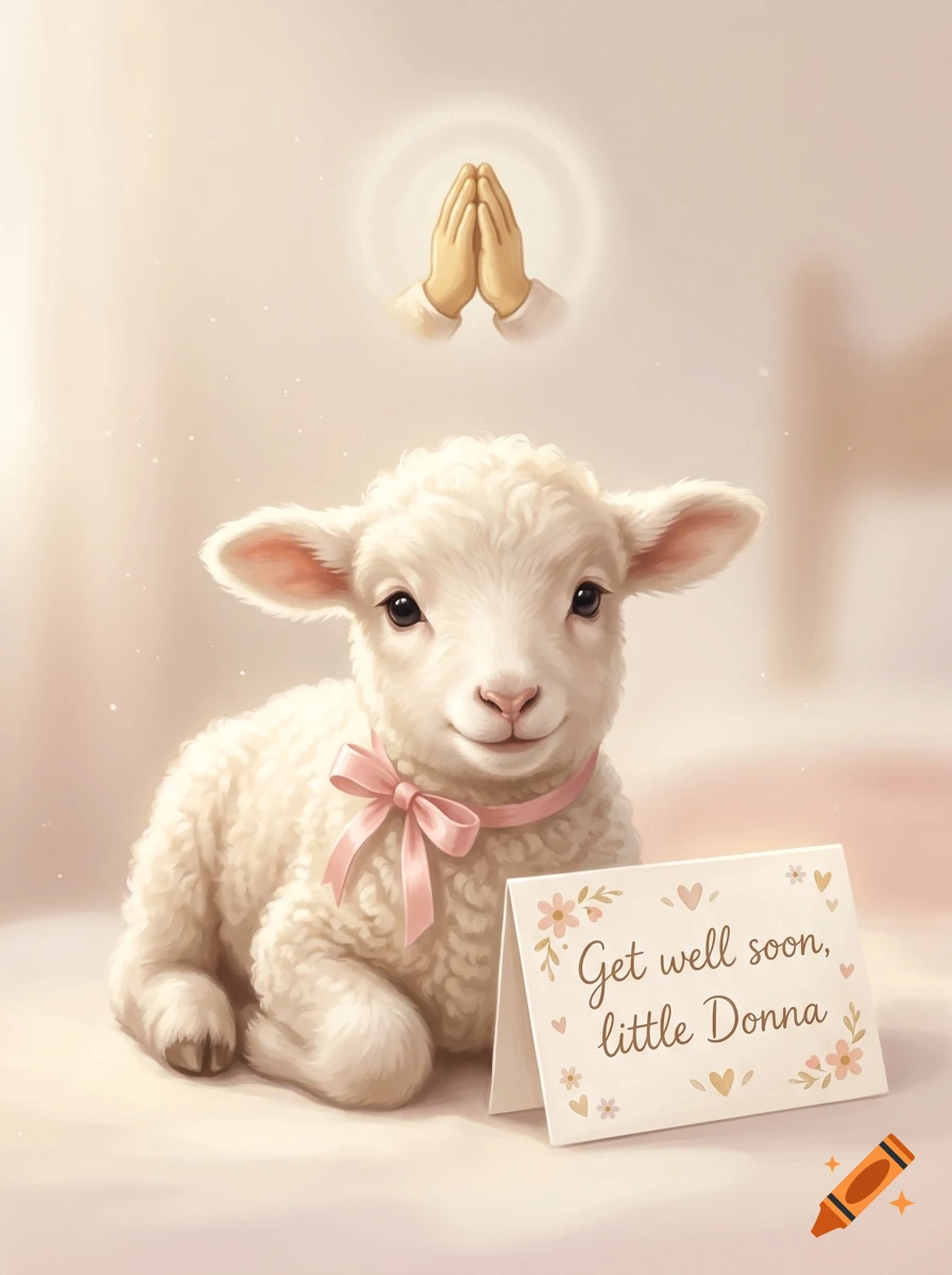 Digital illustration of a cute white lamb with a pink bow and a sign reading Get well soon, little Donna, with praying hands in the background.