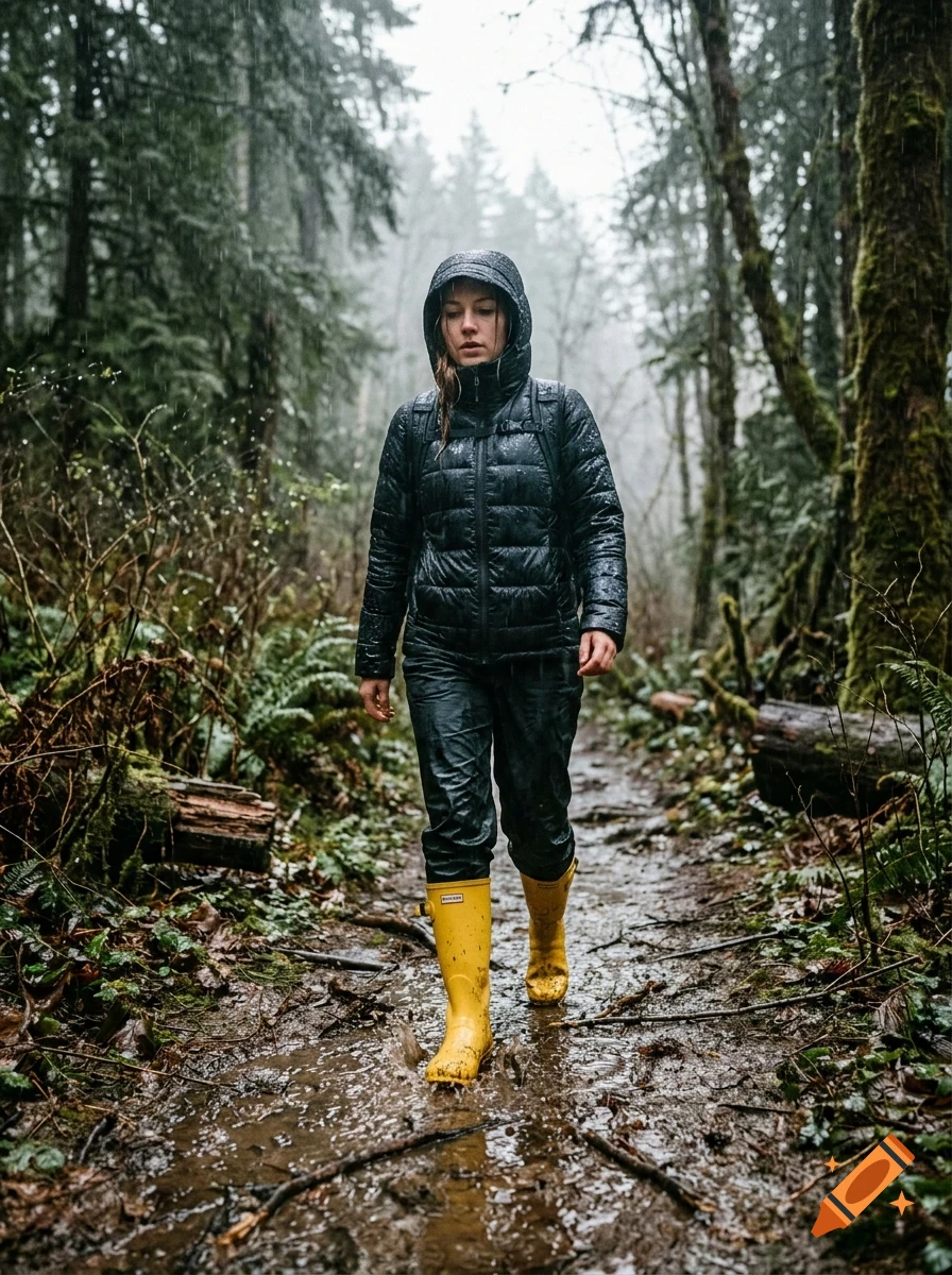 A person in a black hooded jacket and bright yellow rain boots walking along a muddy path in a rainy forest.