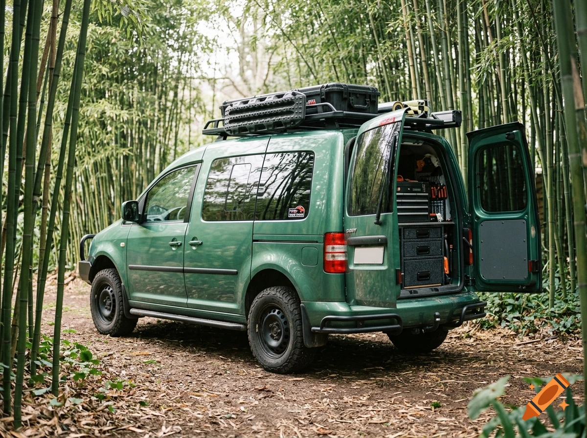 Photorealistic green Volkswagen Caddy van parked on a dirt path in a dense bamboo forest with its rear doors open, revealing a built-in drawer system.