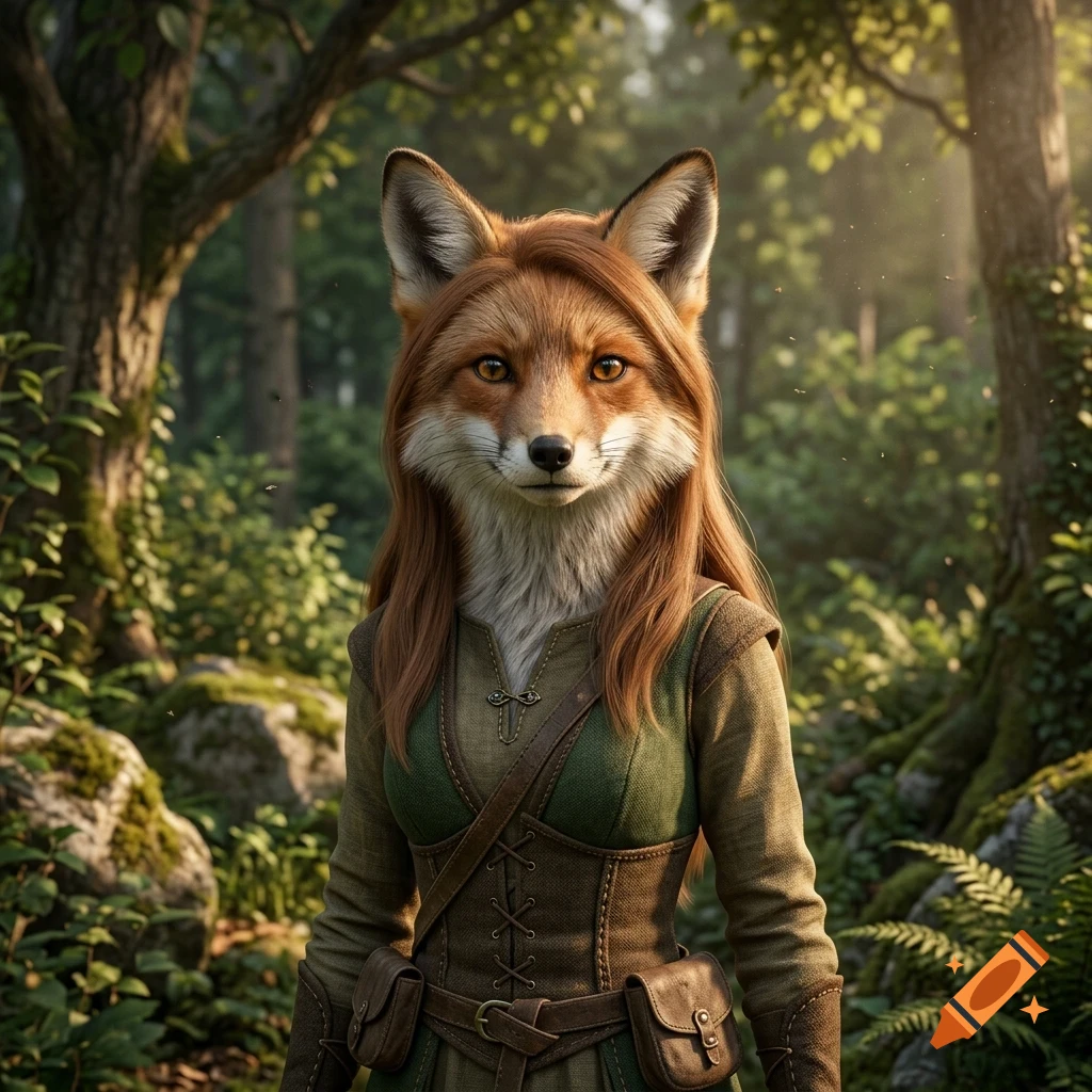 An anthropomorphic red fox character with long hair wearing a green tunic and leather belt stands in a forest.