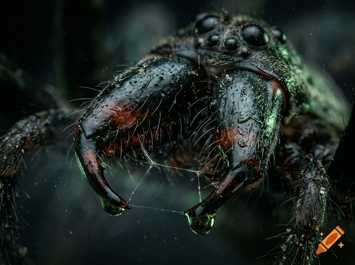 Extreme close-up macro photograph of a spider's fangs and eyes, showing fine hairs and glistening water droplets.