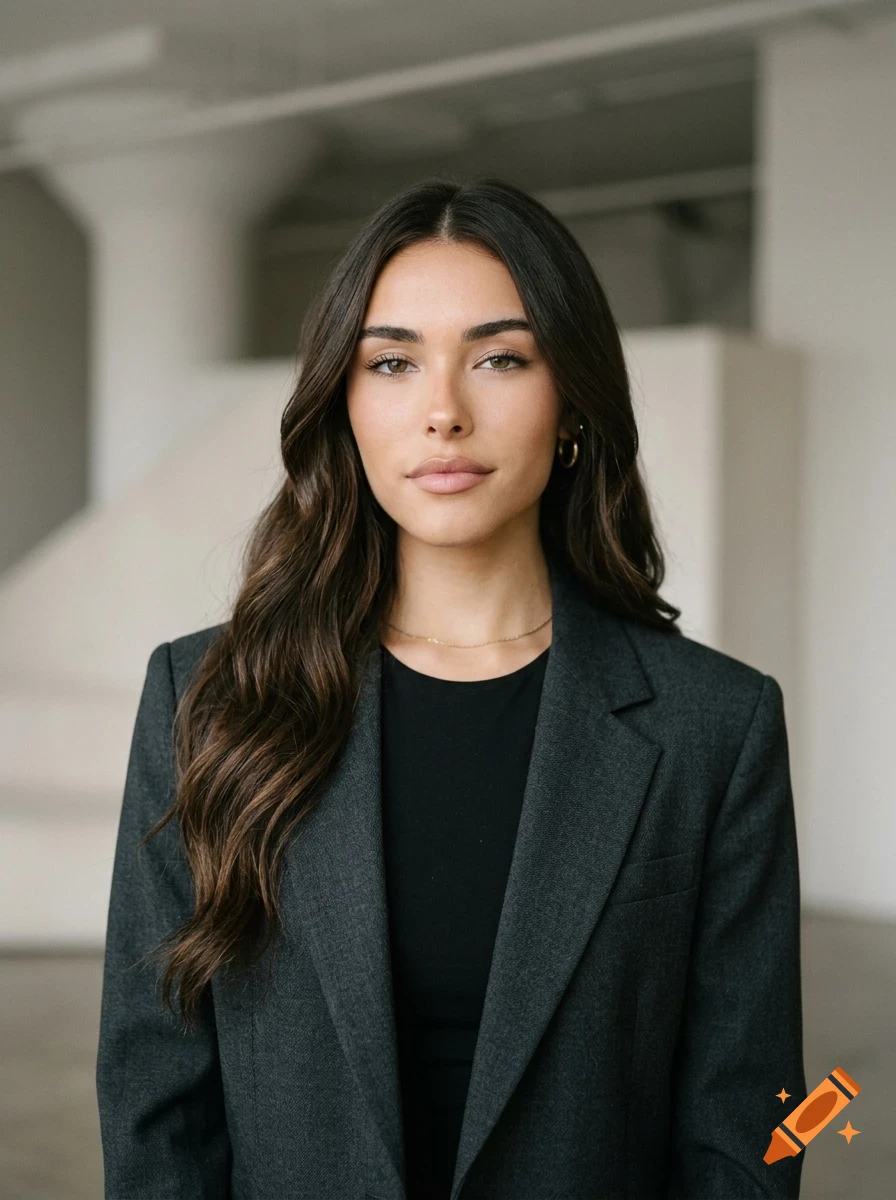 Portrait of a woman with long dark hair, wearing a dark blazer over a black top, against a neutral interior background.