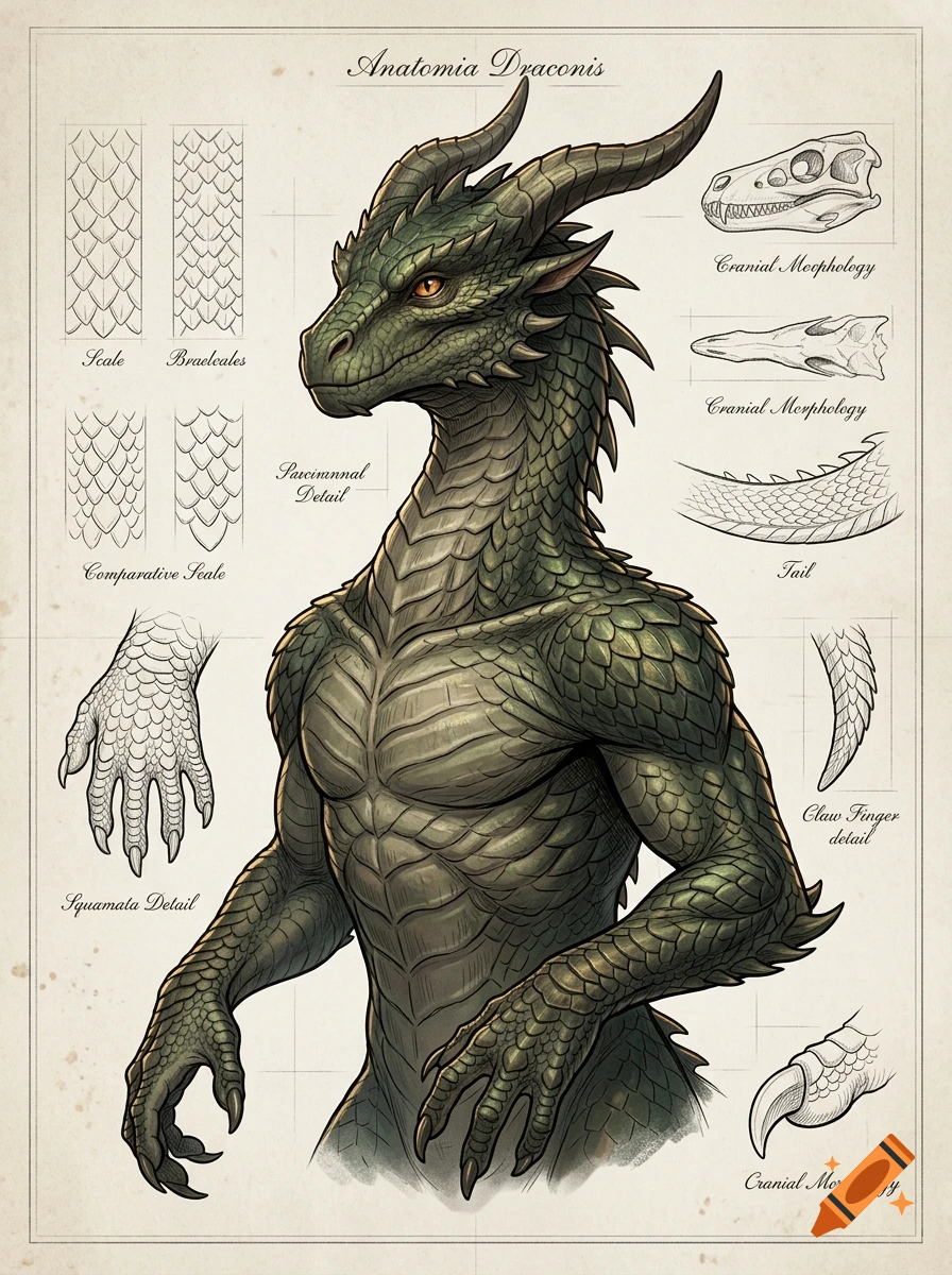 Anatomical drawing of an anthropomorphic green dragon with detailed scales, hands, and skull sketches in a vintage scientific illustration style.