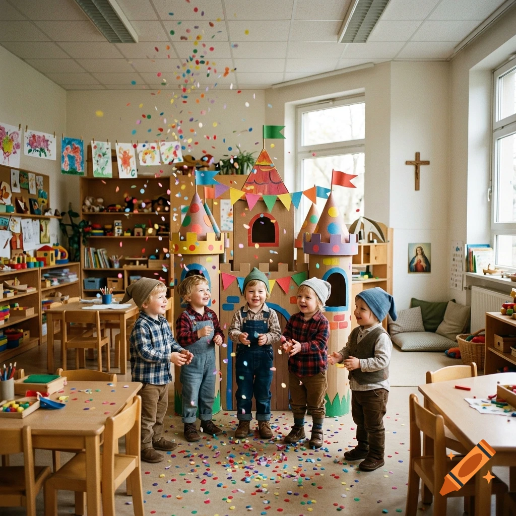 Five young children in a kindergarten room with a cardboard castle and confetti falling around them.