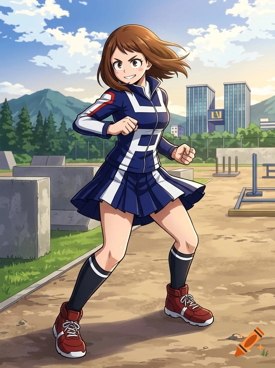 An anime illustration of a brown-haired girl in a blue and white athletic uniform and skirt, standing in a training area with buildings in the background.