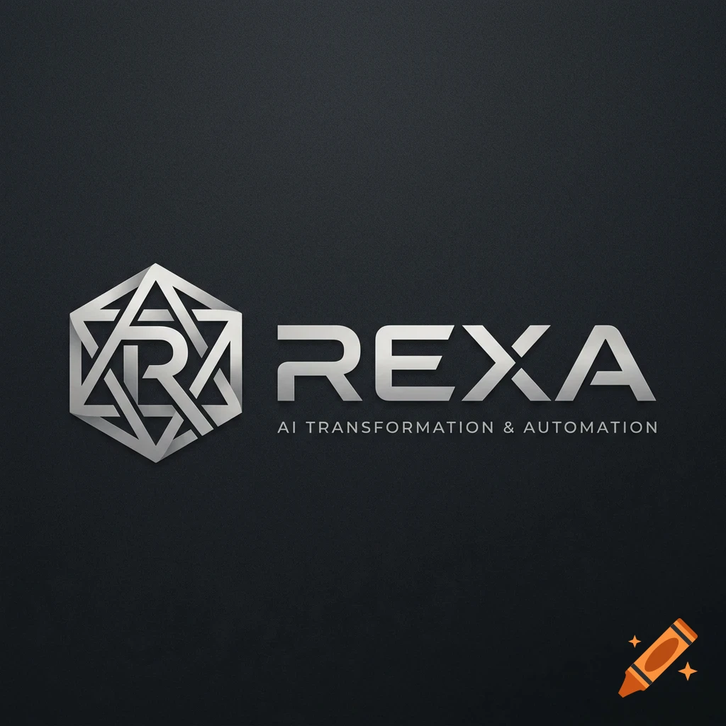 A corporate logo featuring a silver geometric hexagon icon with an intertwined letter R, alongside the text REXA and AI TRANSFORMATION & AUTOMATION below it.