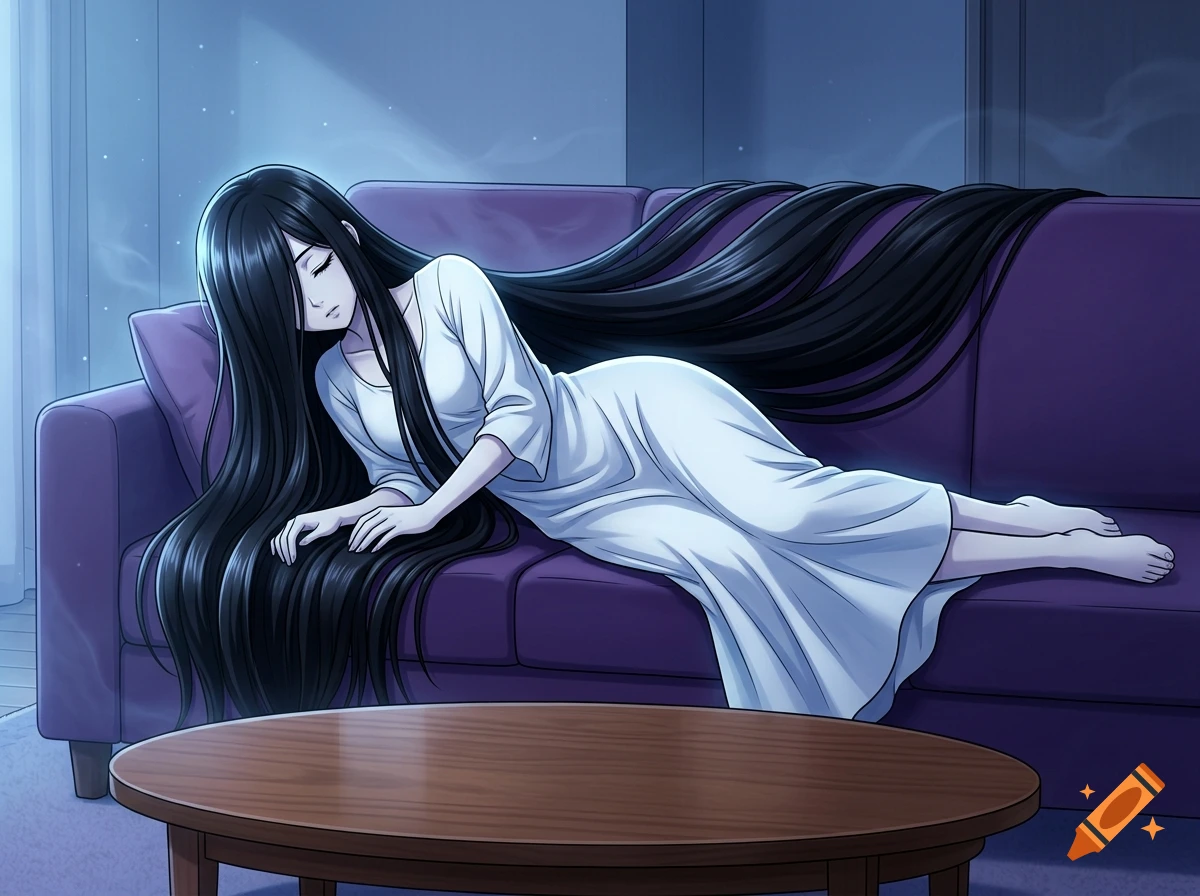 An anime style illustration of a Japanese ghost woman with extremely long black hair sleeping on a purple couch.