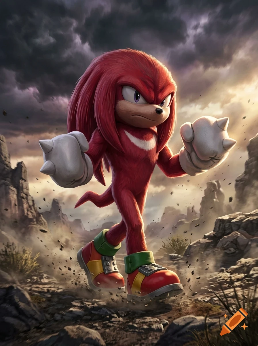 A detailed digital illustration of Knuckles the Echidna walking forward with a determined expression through a rugged, rocky landscape under a stormy sky.
