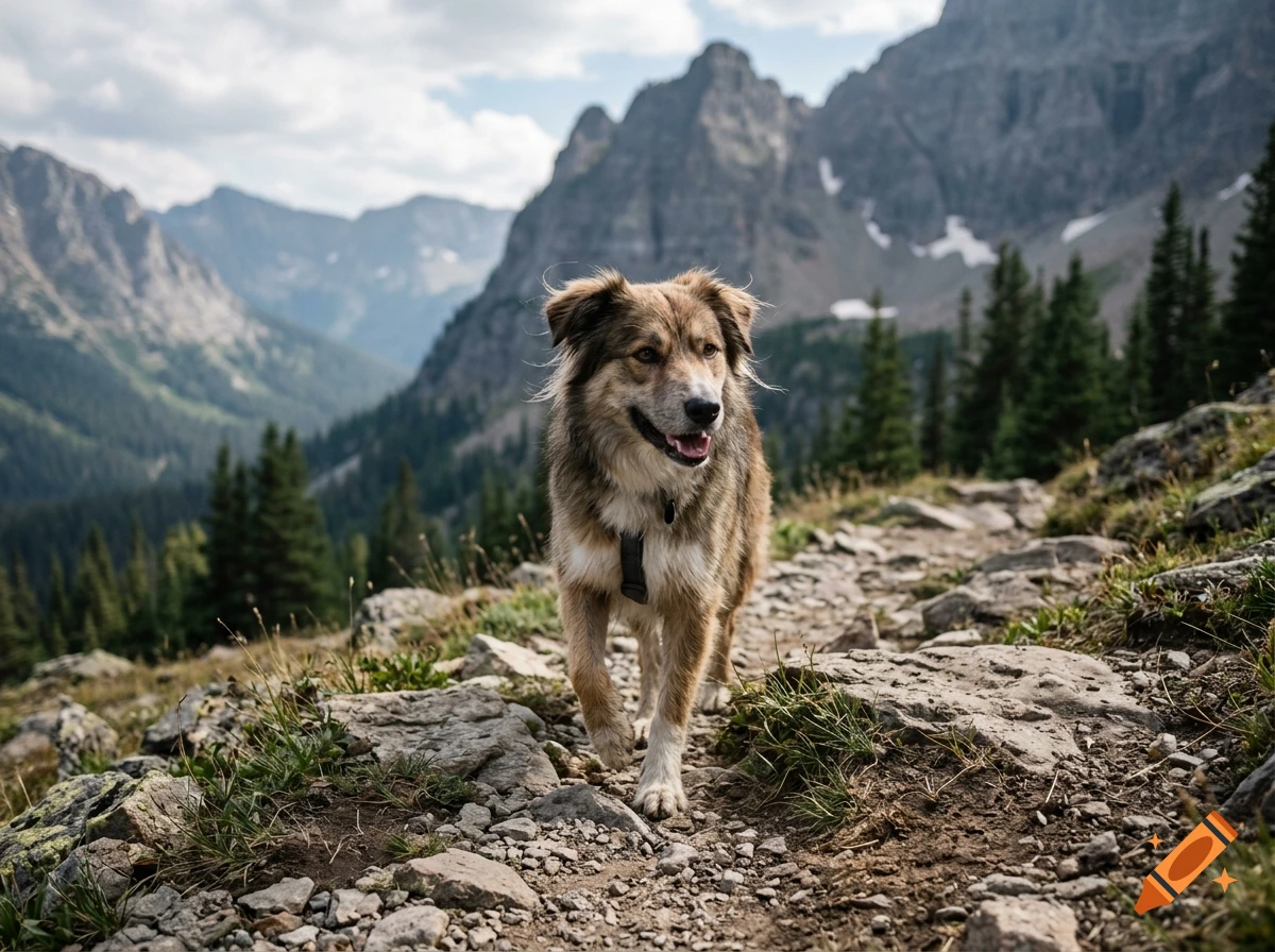 Photorealistic image of a fluffy dog walking on a rocky mountain trail with alpine landscape in the background.