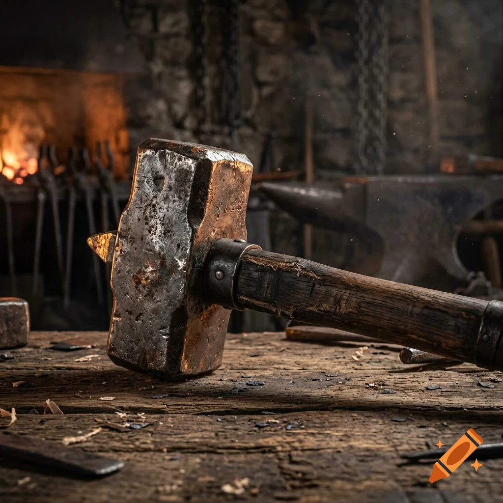 A heavy smithing hammer with a worn wooden handle rests on a rustic wooden workbench in a dimly lit blacksmith's forge, with an anvil and a glowing hearth in the background.