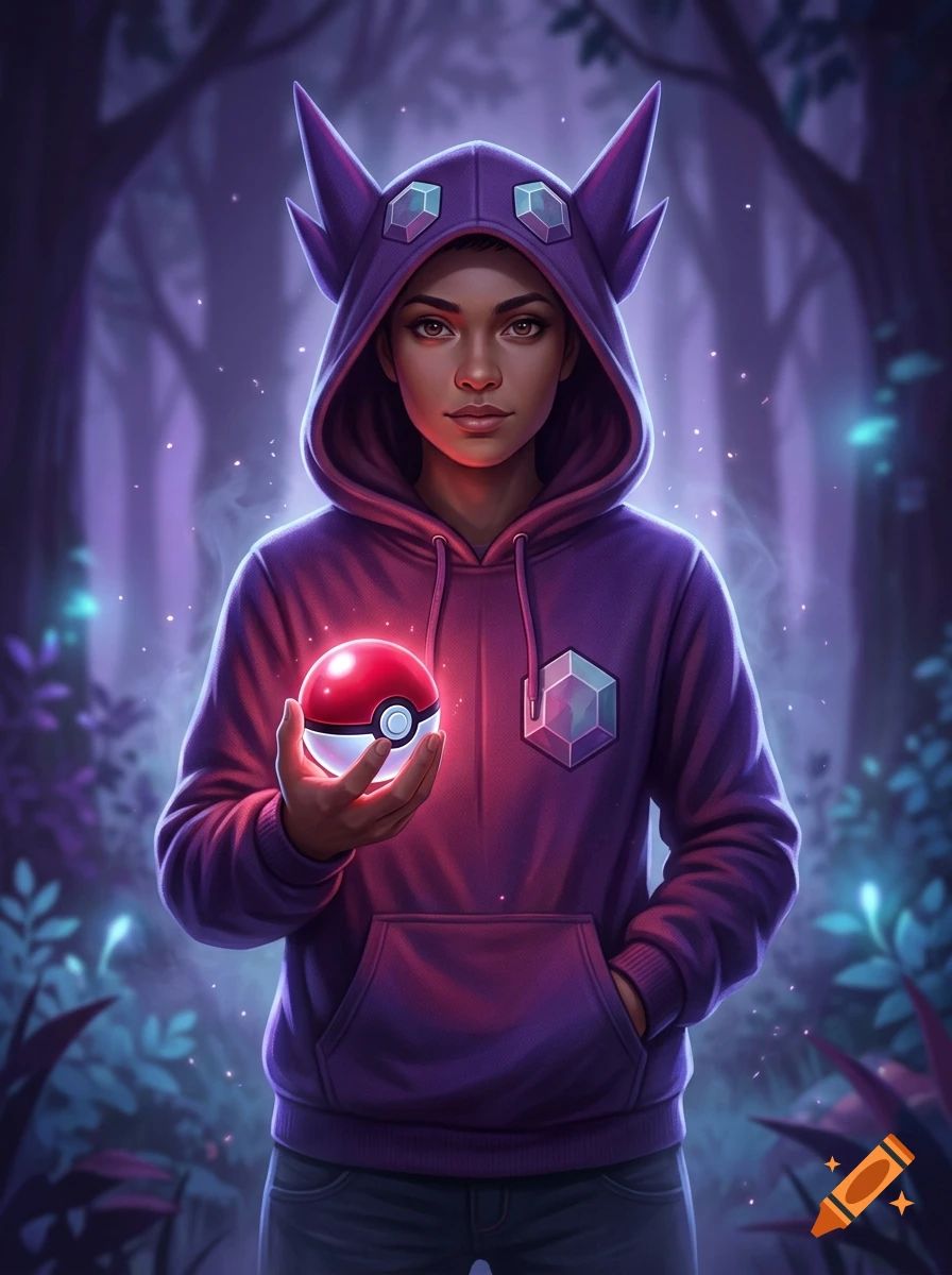 A digital portrait of a person holding a glowing Pokéball while wearing a purple Sableye hoodie in a mystical forest.