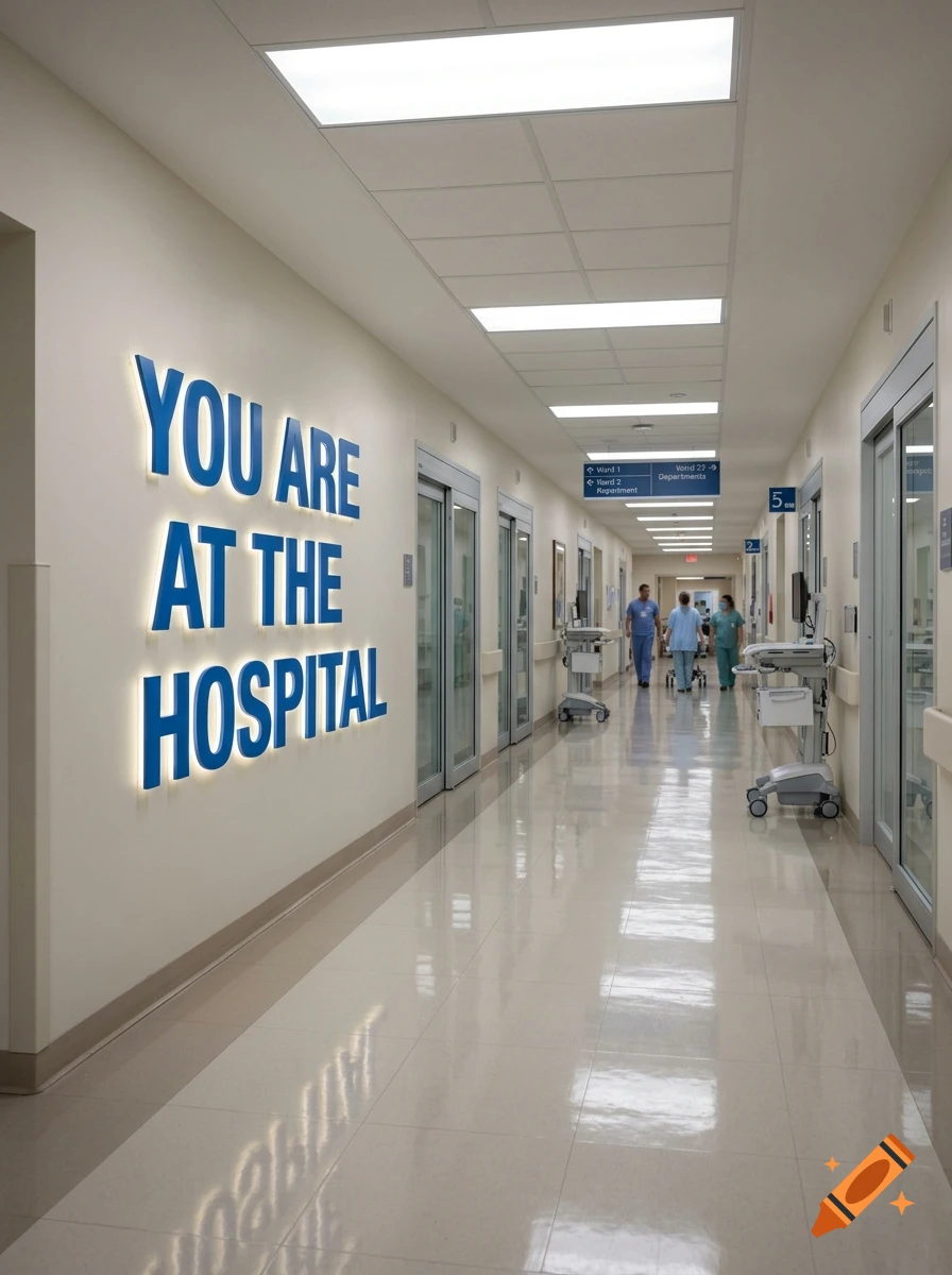 Photorealistic hospital hallway with a large blue sign on the wall reading 'YOU ARE AT THE HOSPITAL'.