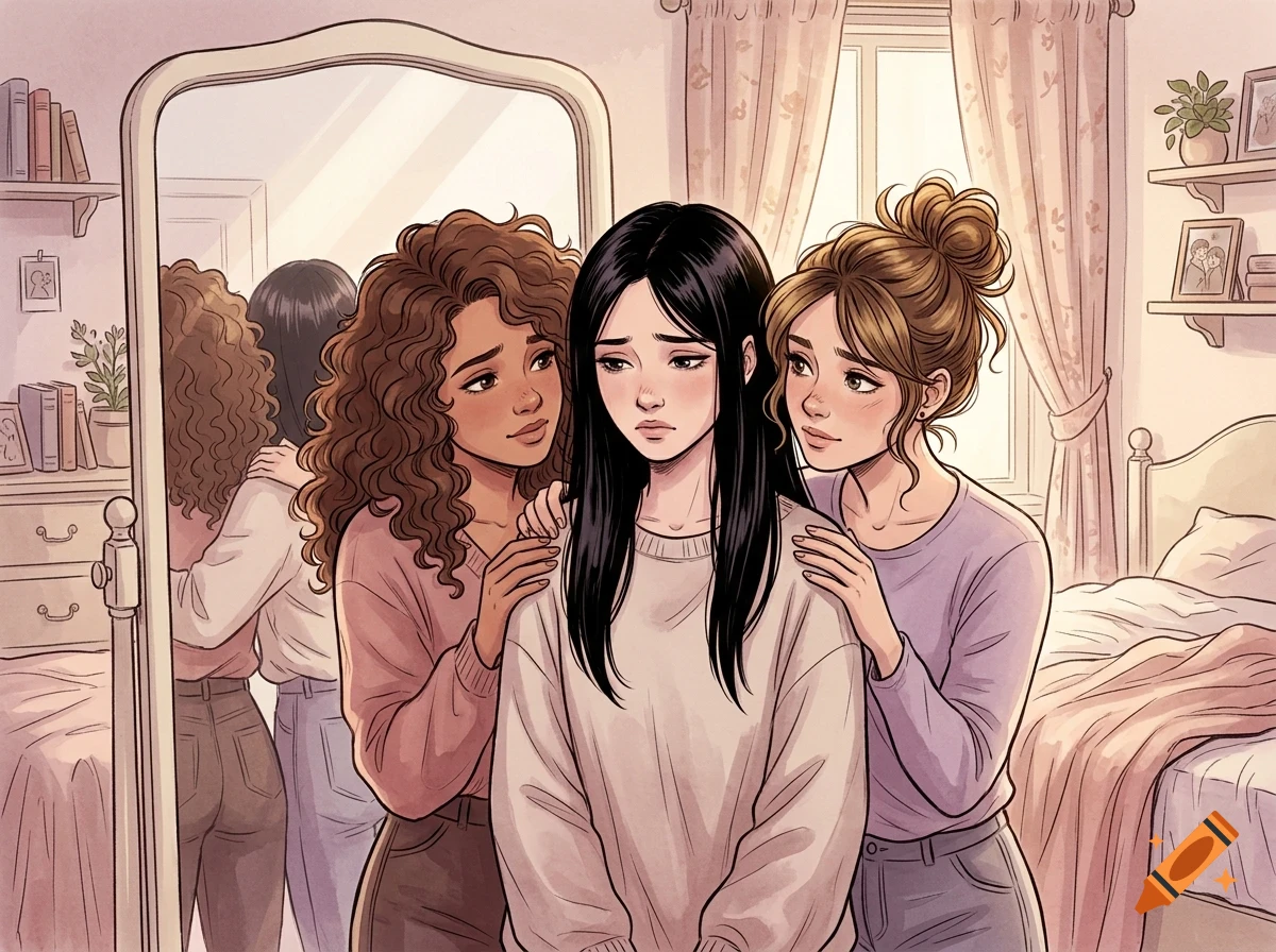 An illustrated bedroom scene shows two friends comforting a sad young woman standing before a mirror.