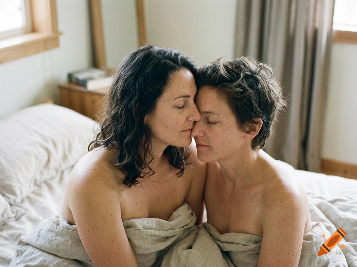 Close-up photograph of two women with dark hair embracing in bed, touching foreheads with eyes closed.