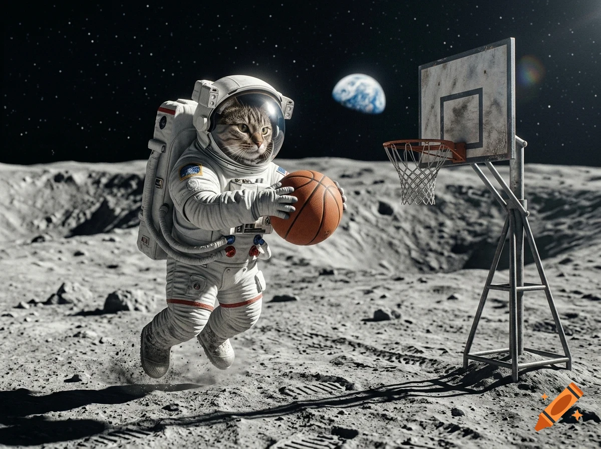An astronaut cat wearing a space suit jumps to dunk a basketball on the moon's surface, with Earth visible in the dark starry sky.