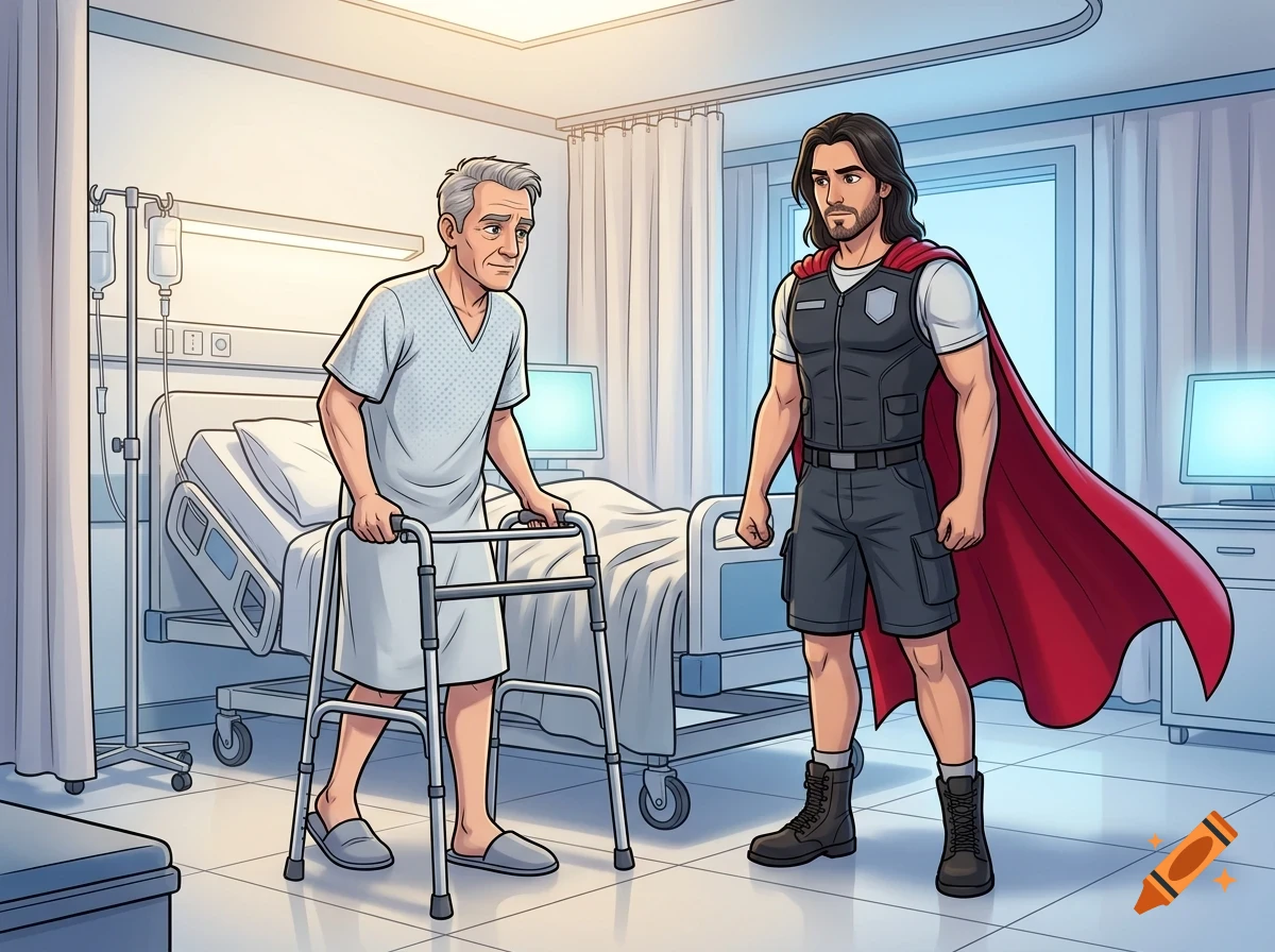 An elderly patient with a walker in a hospital room, looking at a man standing nearby wearing a cape.