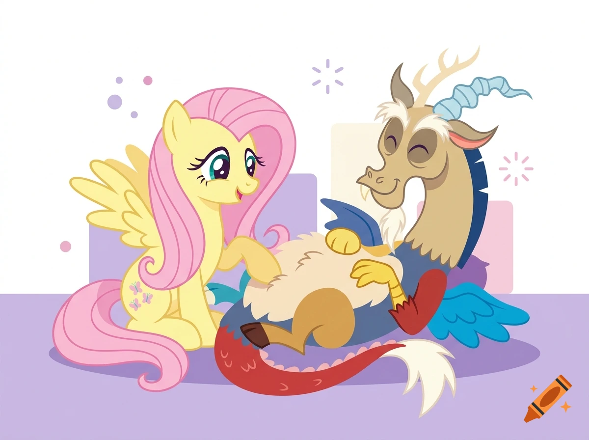 Fluttershy from My Little Pony smiling and rubbing Discord's fluffy belly, vector art style.