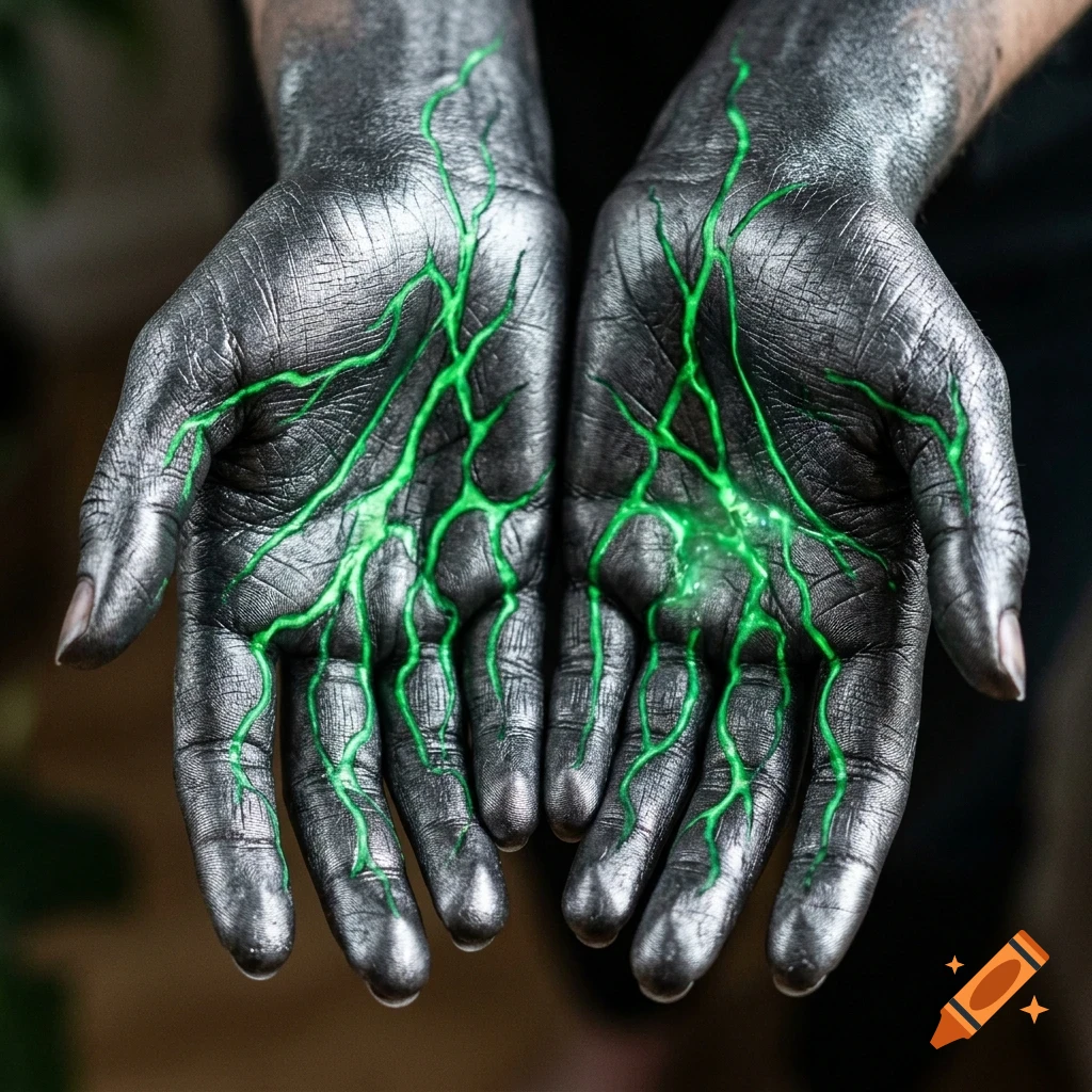Close-up of two hands painted metallic silver, featuring glowing green lightning-like veins running across the palms.