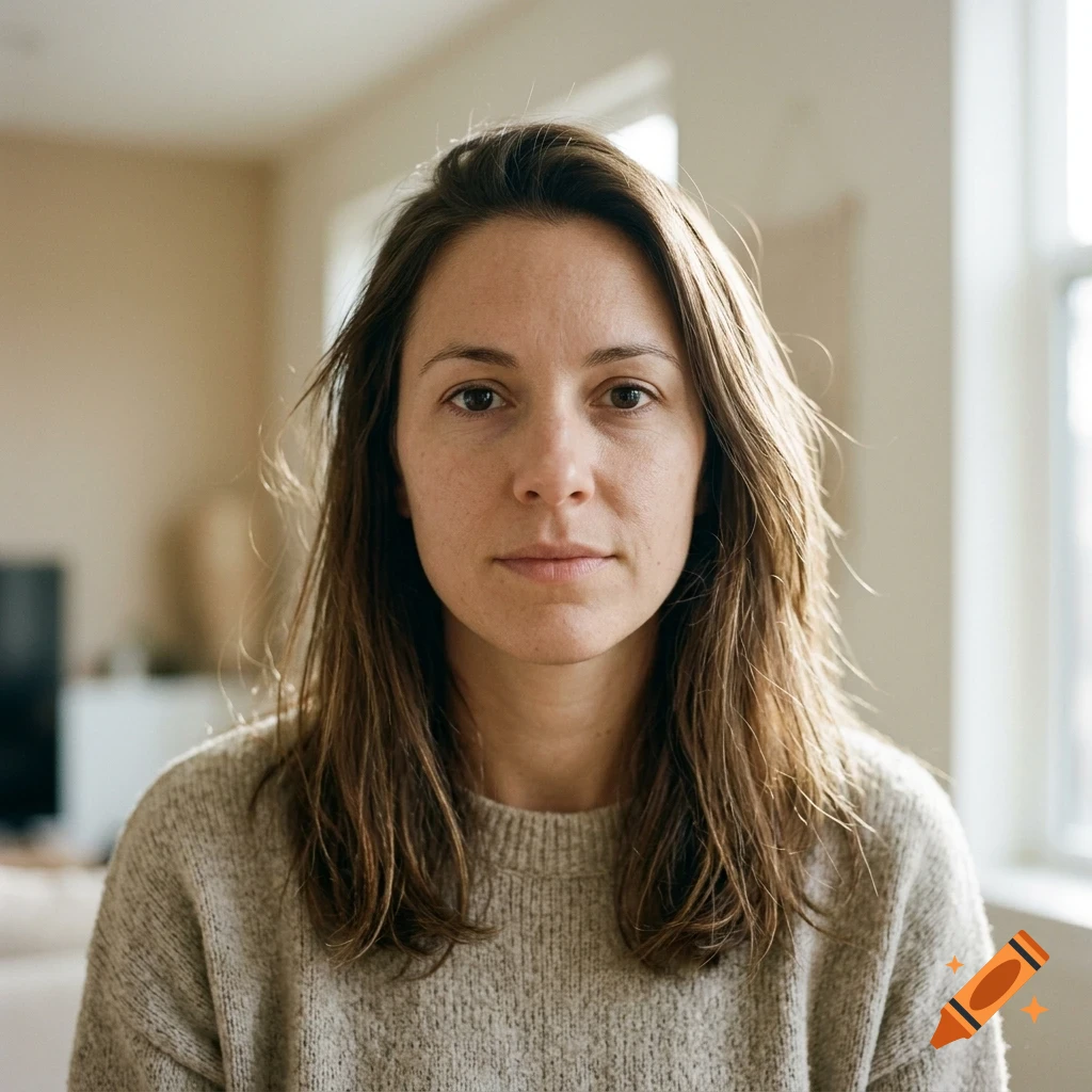 Close-up portrait of a woman with long brown hair wearing a beige sweater, looking directly at the camera indoors.