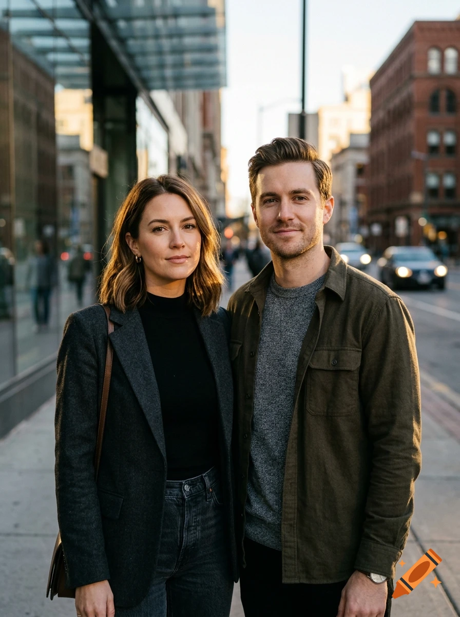 Photorealistic portrait of a young man and woman standing together on a city sidewalk during golden hour.