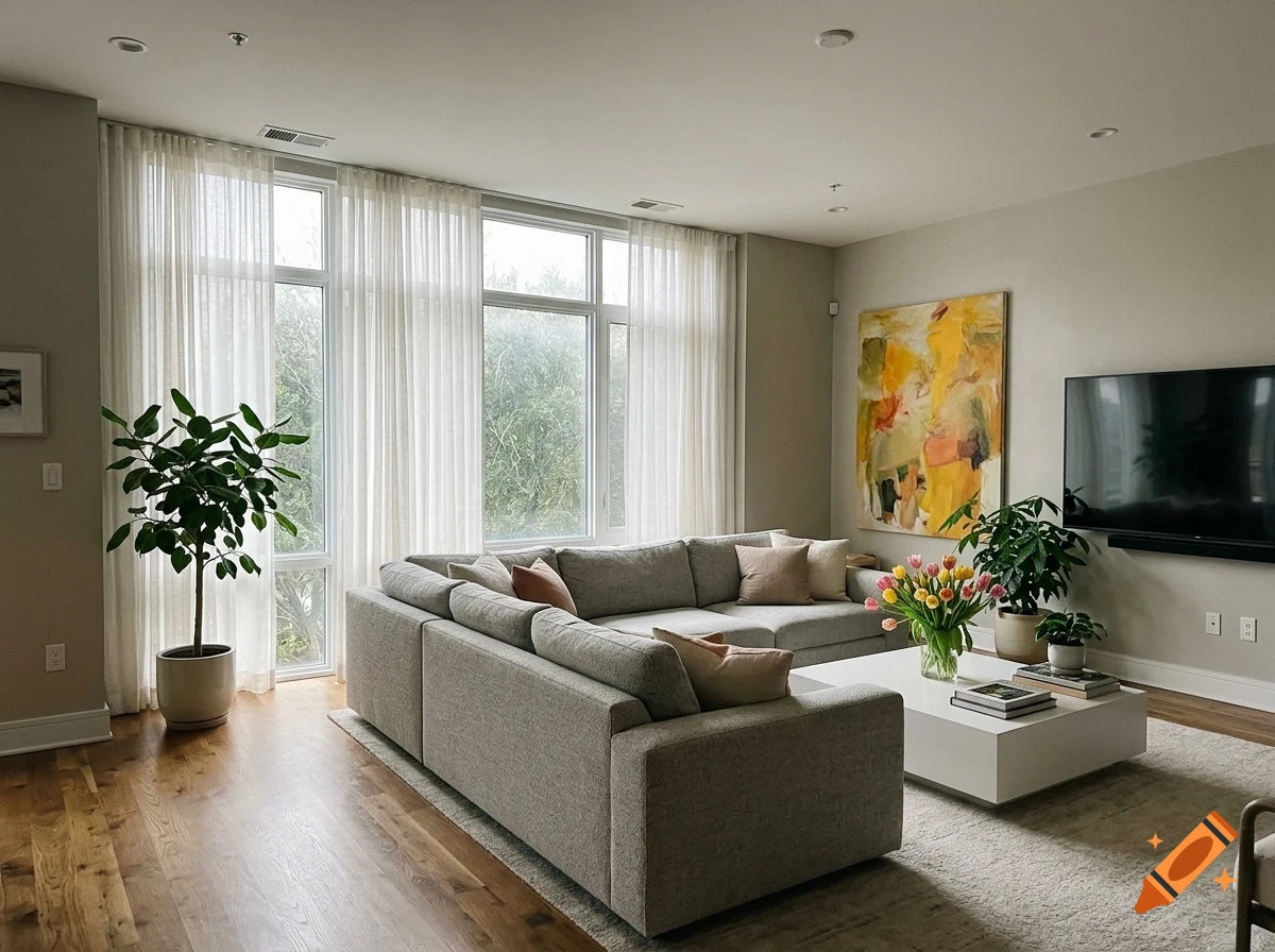 A modern living room with a large gray sectional sofa, hardwood floors, tall windows with white sheer curtains, a white coffee table with flowers, and abstract art on the wall.