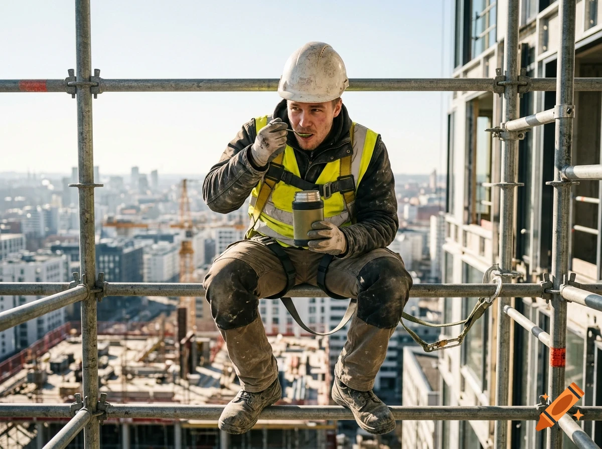 A construction worker wearing a hard hat, safety vest, and harness sits on scaffolding high above a city, eating from a thermos with a spoon.