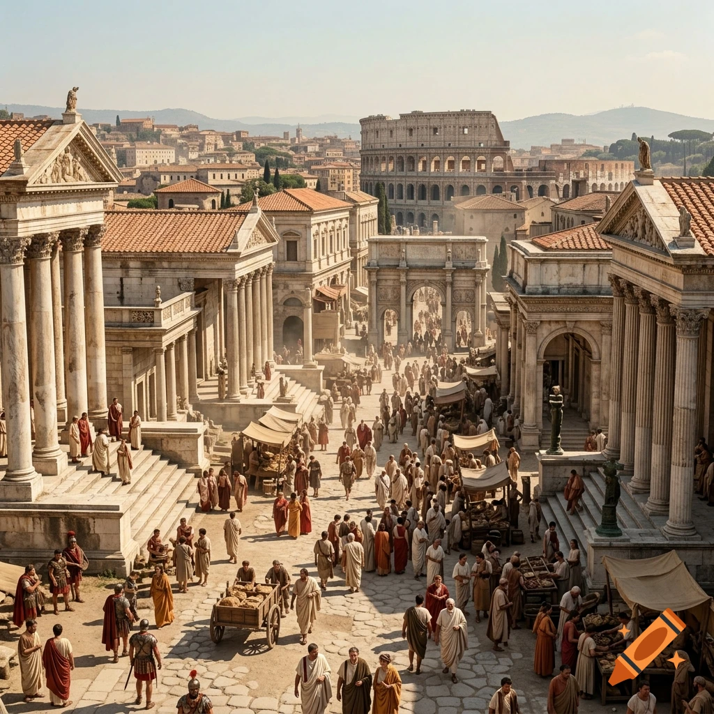 An elevated view of a bustling ancient Roman street market with classical architecture, temples, columns, and a distant Colosseum under a bright sky.