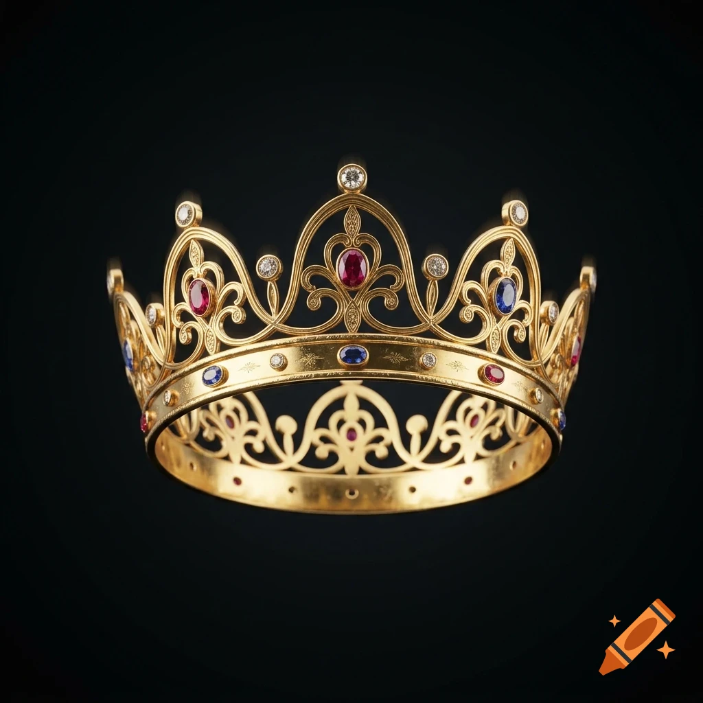 An ornate gold crown set with blue sapphires, red rubies, and small diamonds against a dark background.