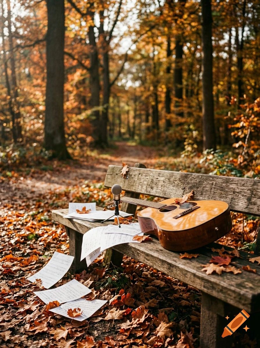 An acoustic guitar, microphone, and scattered sheet music rest on a wooden bench in an autumn forest with fallen leaves.
