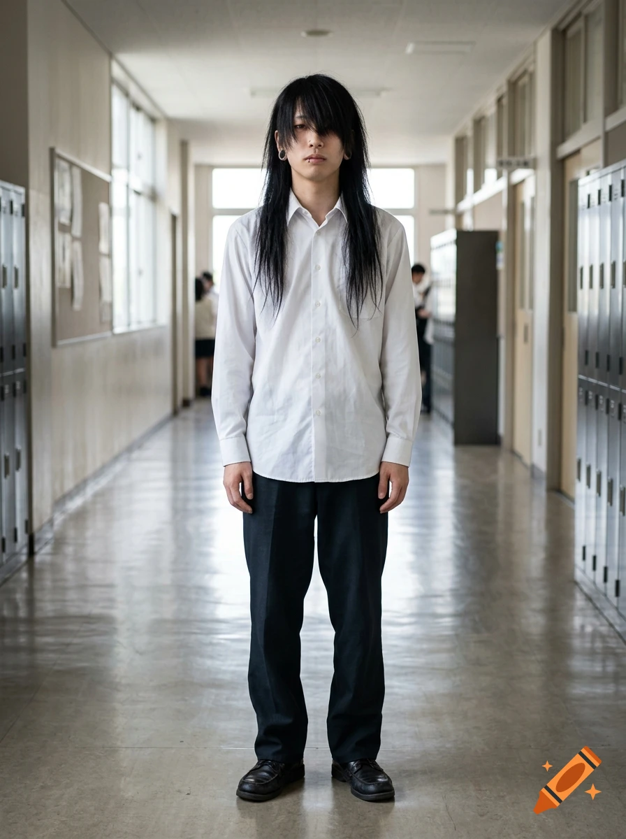 Photorealistic full-body shot of a young Japanese male student standing in a school hallway.