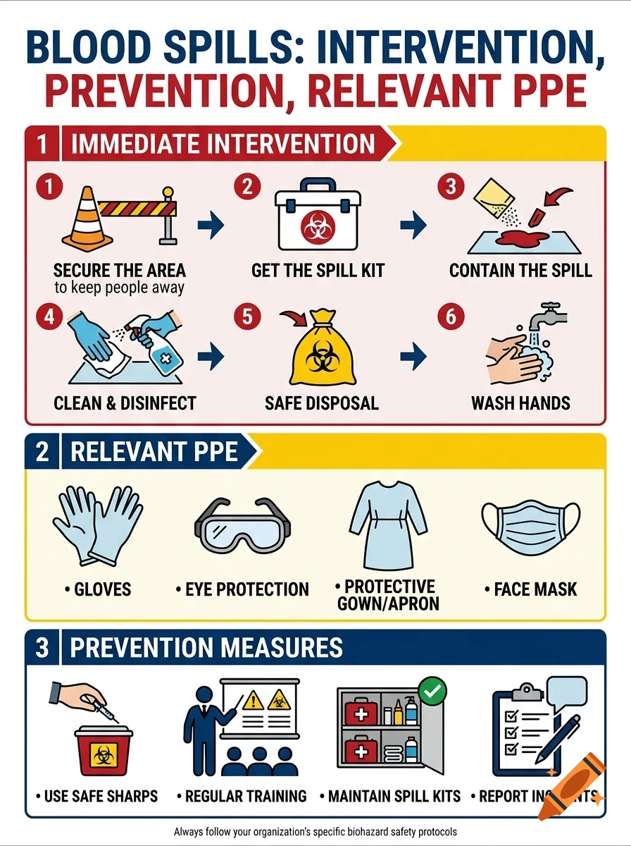 An instructional informational poster detailing procedures for blood spills, including immediate intervention steps, relevant PPE, and prevention measures.