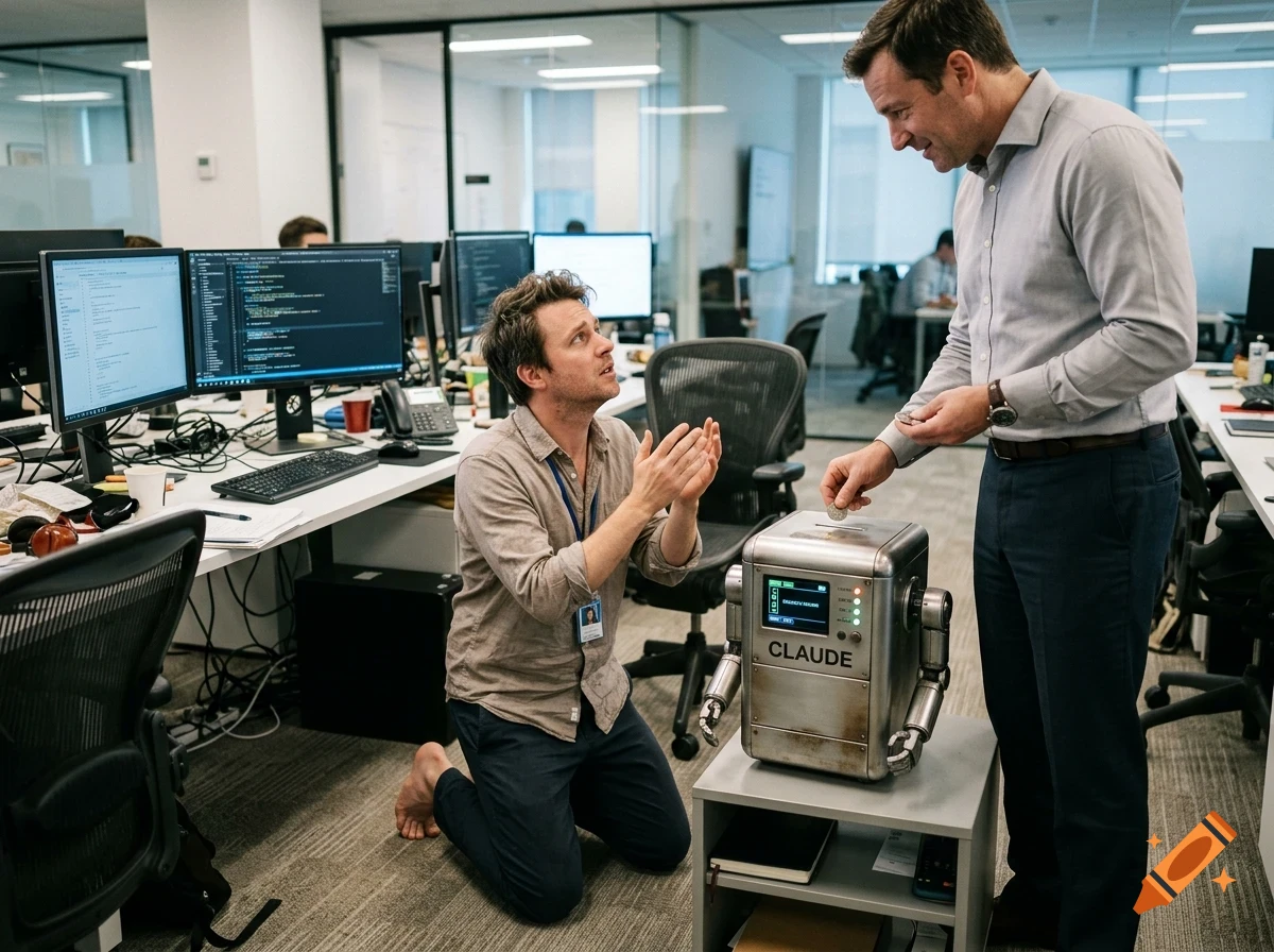 An office worker kneels on the floor begging a small robot labeled CLAUDE while a standing colleague drops a coin into it.