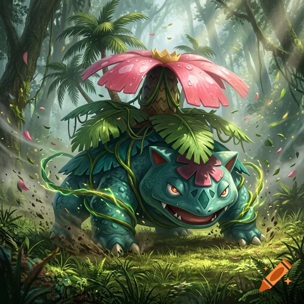 A large green creature with a giant pink flower on its back stands in a lush, sunlit jungle.