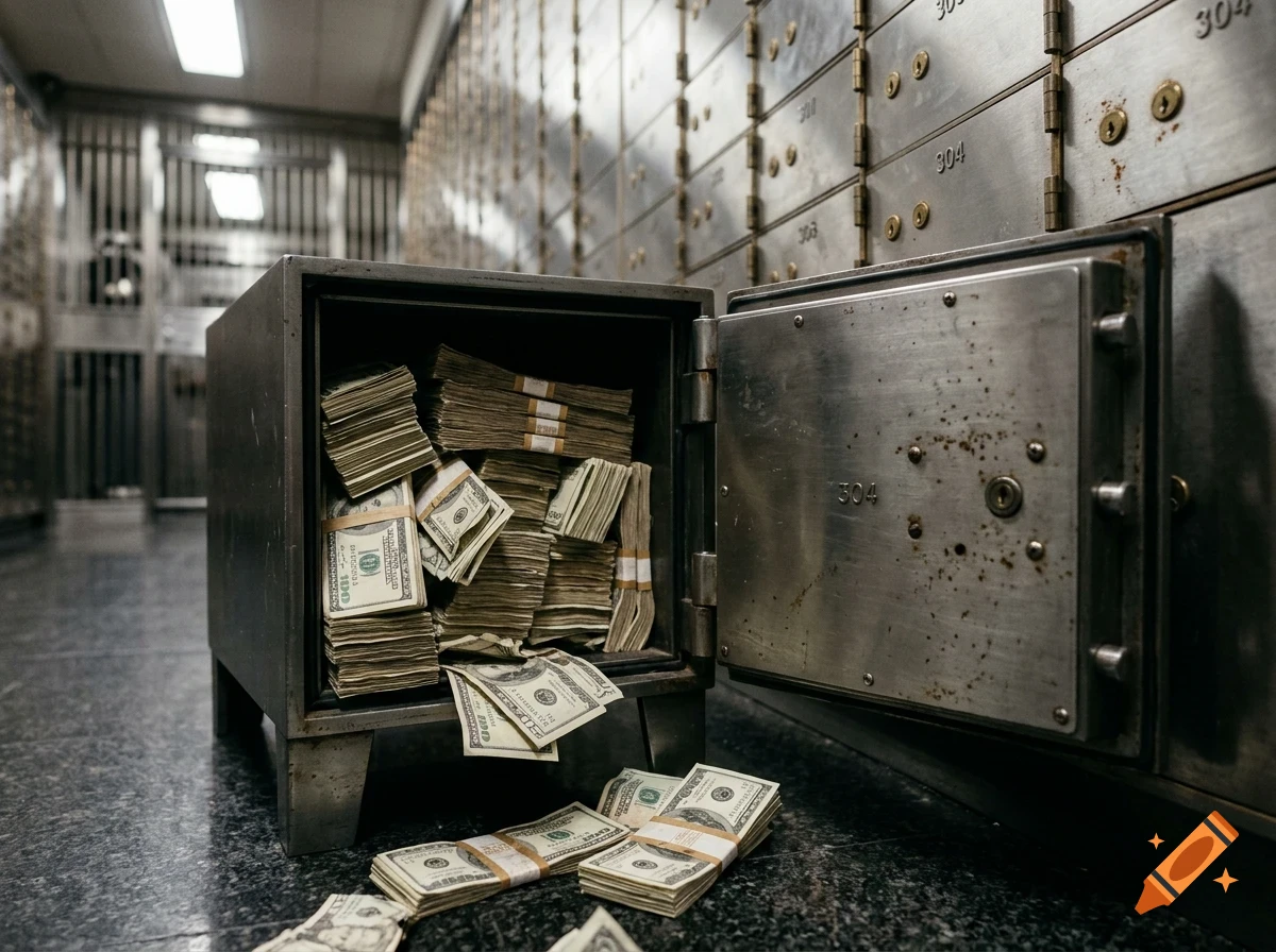 An open metal safe filled with stacks of US dollar bills, sitting in a bank vault with safety deposit boxes.