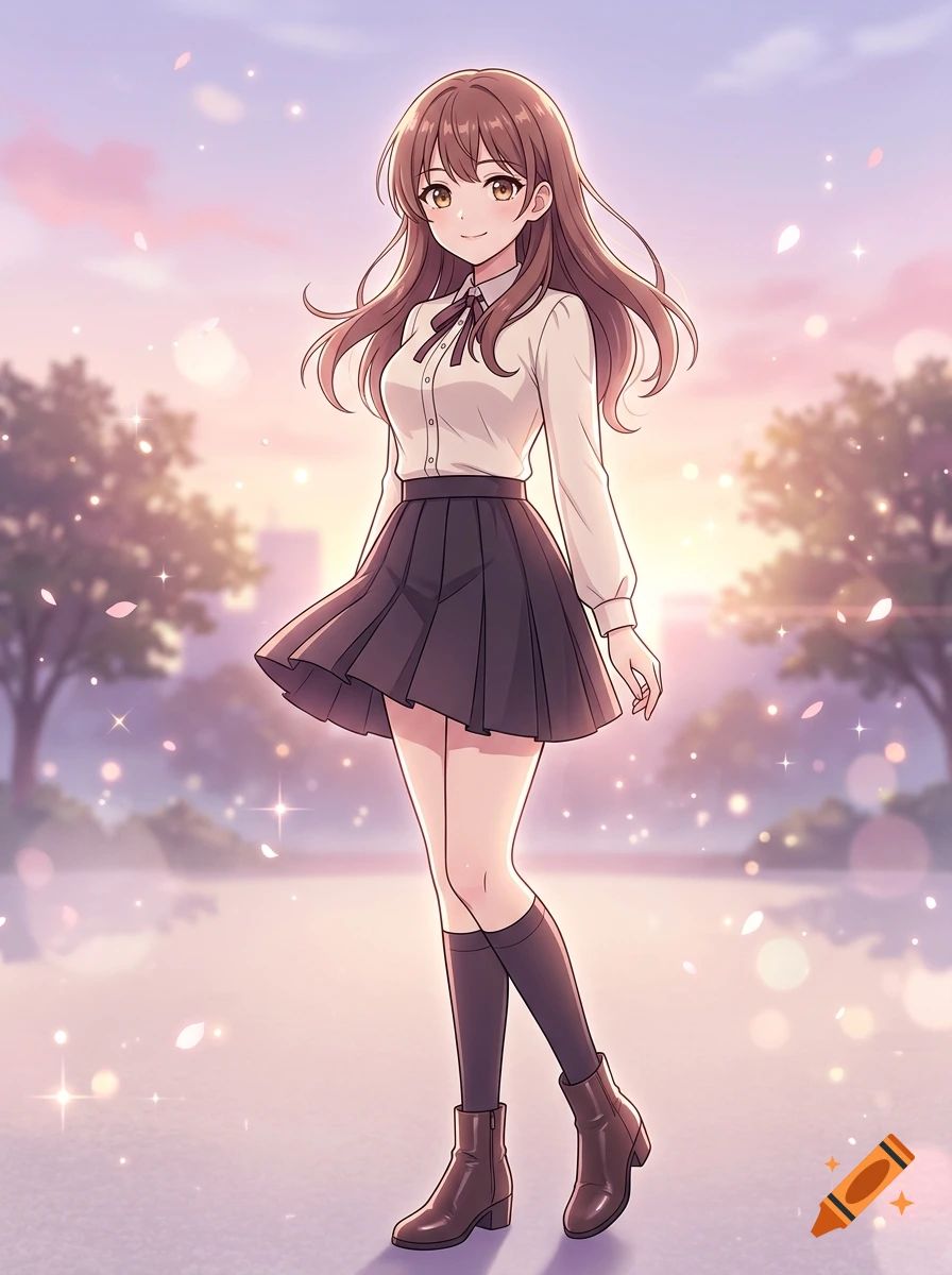 Full-body anime style illustration of a smiling young woman with brown hair, wearing a white shirt and dark skirt outdoors.