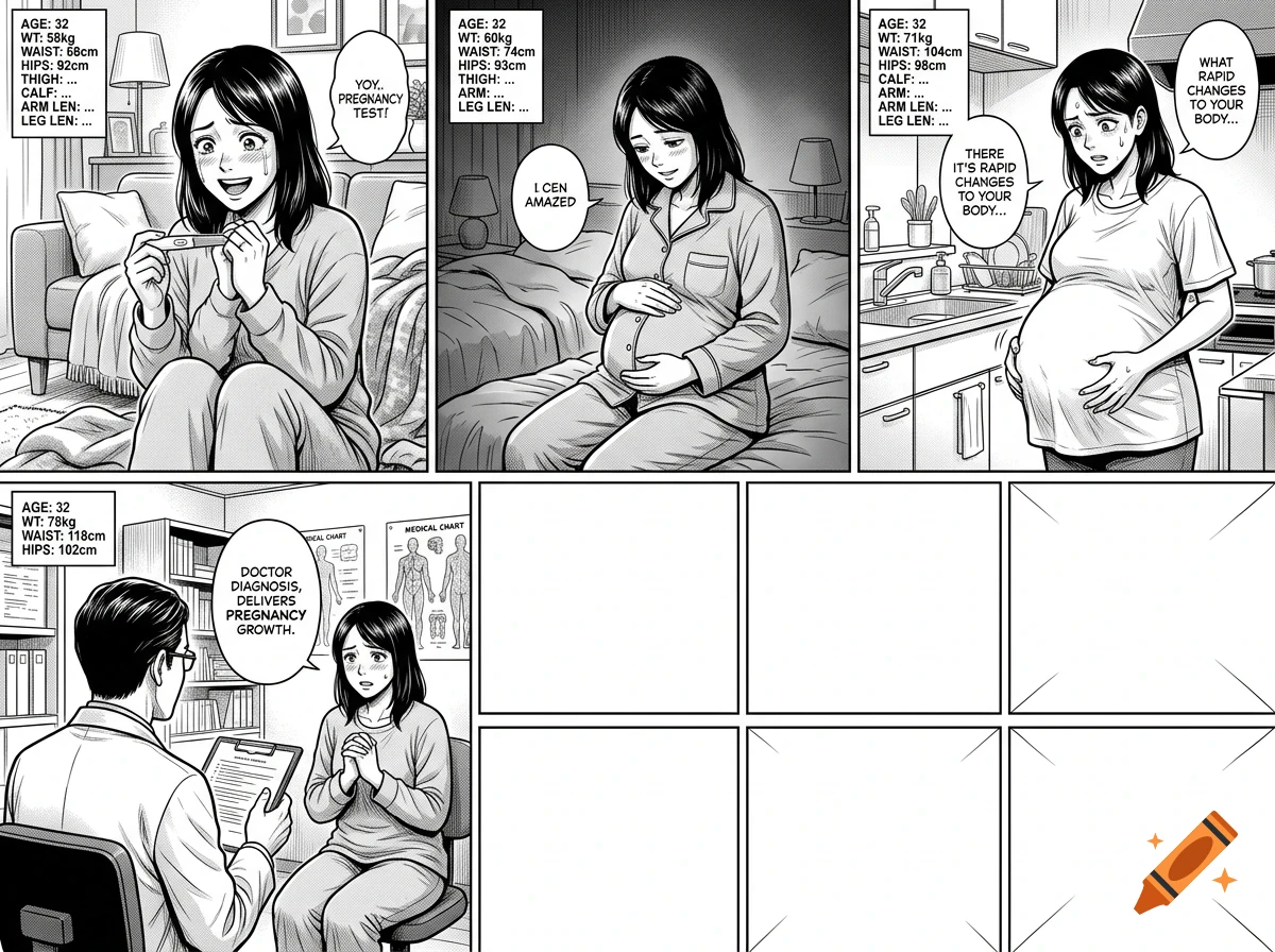 A black and white manga comic strip depicting a woman experiencing rapid pregnancy changes, talking with a doctor, and holding a pregnancy test.