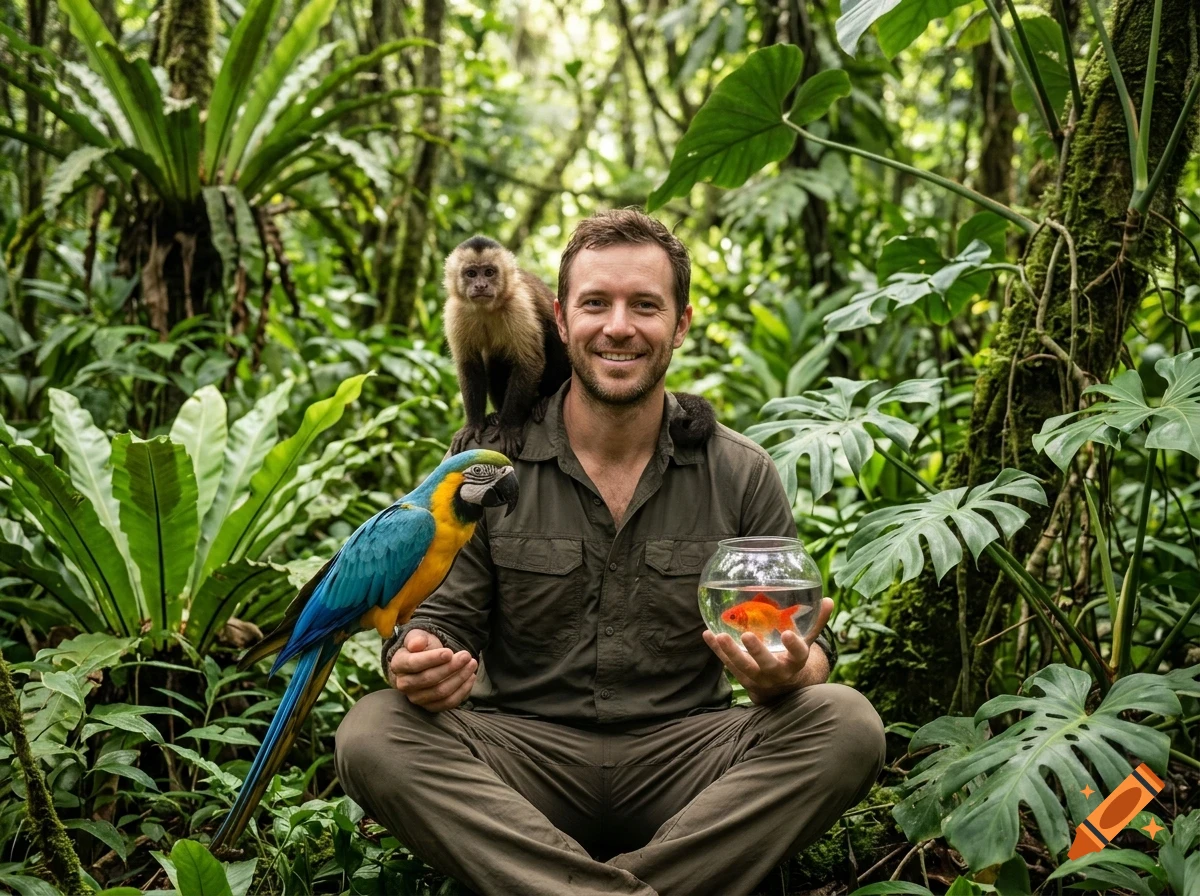 A man sitting cross-legged in a lush jungle, holding a fishbowl with a goldfish, a blue and yellow macaw perched nearby, and a small monkey sitting on his shoulder.