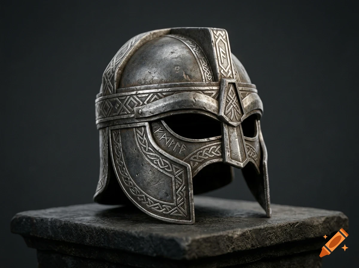 A detailed metal Viking helmet with intricate engraved patterns and runes, resting on a stone pedestal against a dark background.