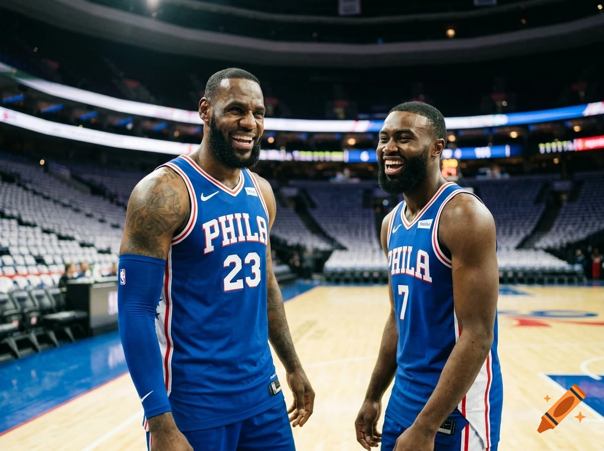 Two basketball players in blue uniforms smiling and laughing on an indoor court.